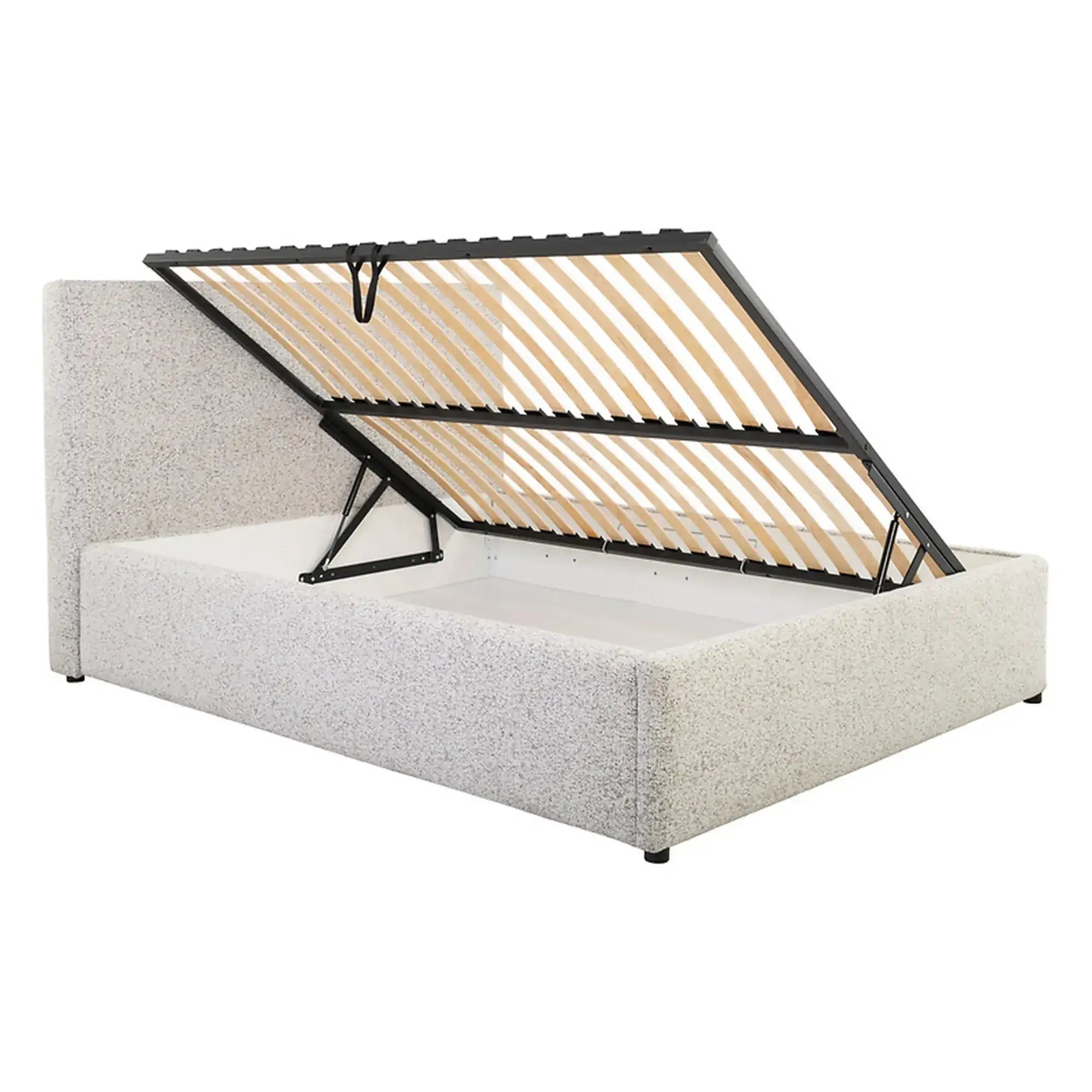 Pat tapitat TRIPO 180x200, stofa clasica bej - Puente 06, cu somiera si spatiu depozitare