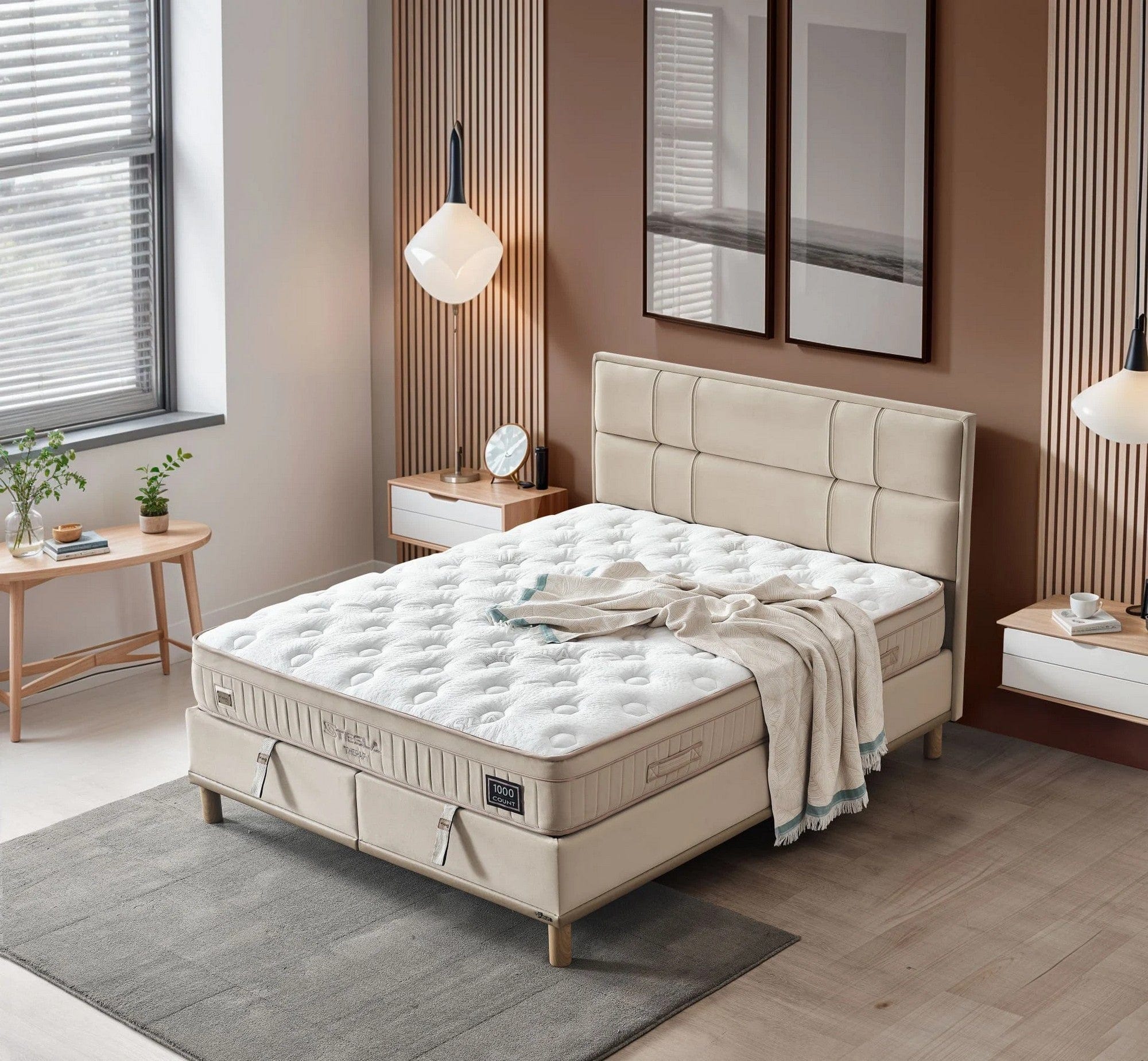 Pat TESLA THERAPHY 100x200, stofa catifelata bej - Scarlet S0906, cu somiera si spatiu depozitare