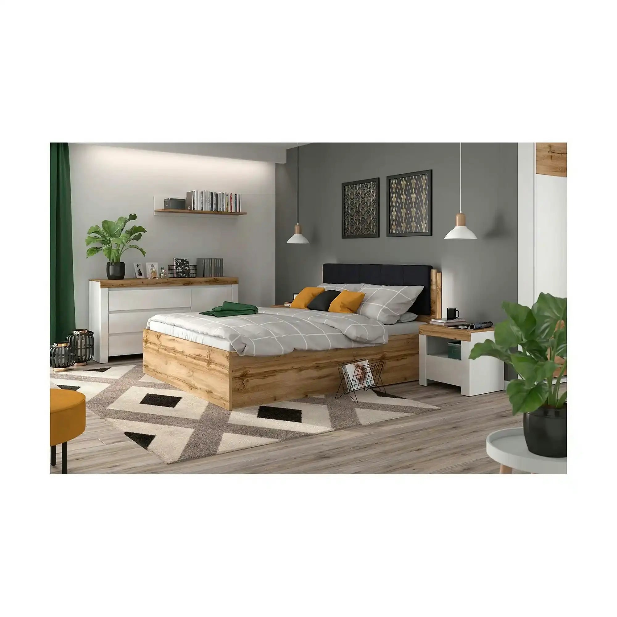 Pat TETRIX 120x200, stejar wotan, PAL laminat, cu somiera si lada depozitare