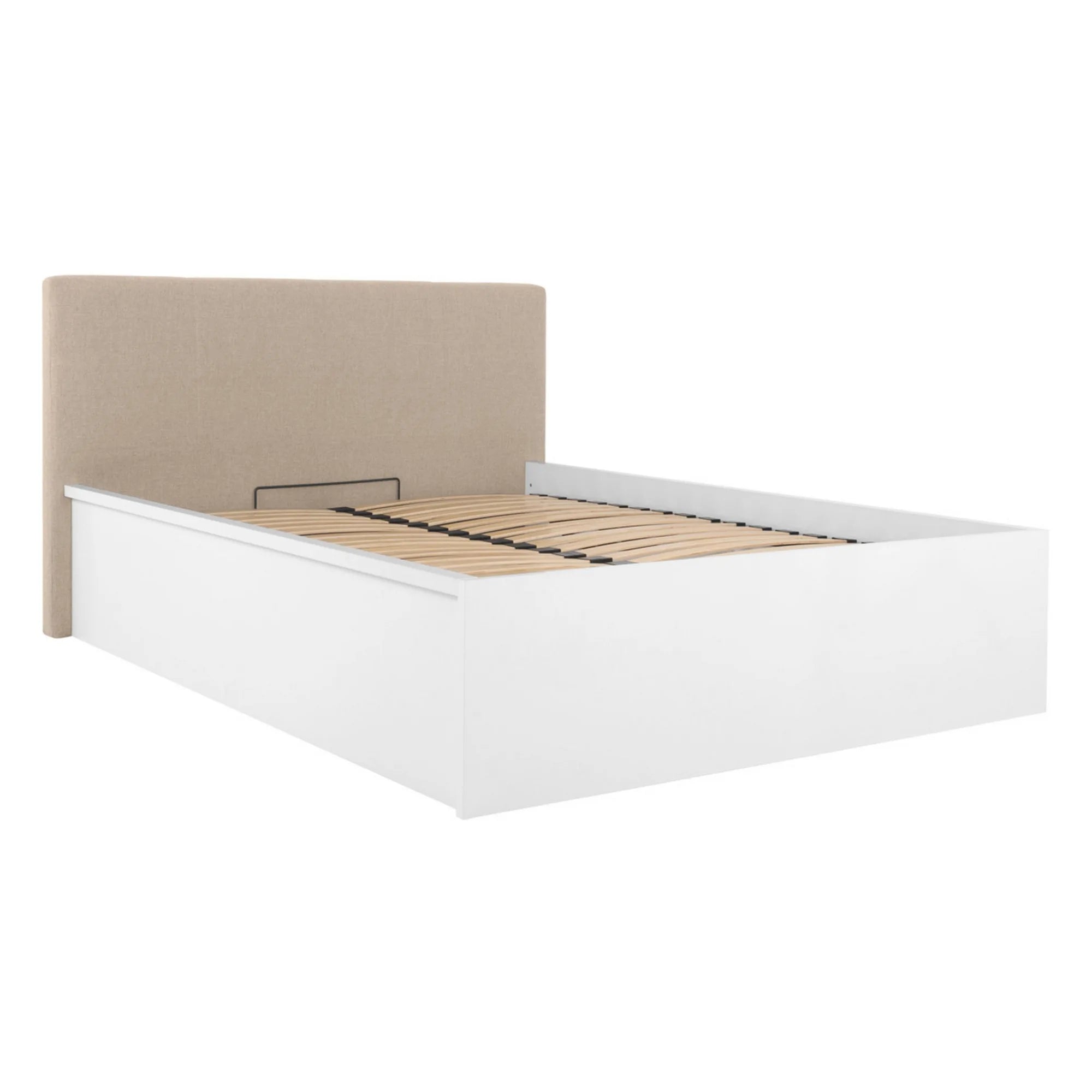 Pat TETRIX 140x200, alb lucios/bej, PAL/stofa, cu somiera si spatiu depozitare