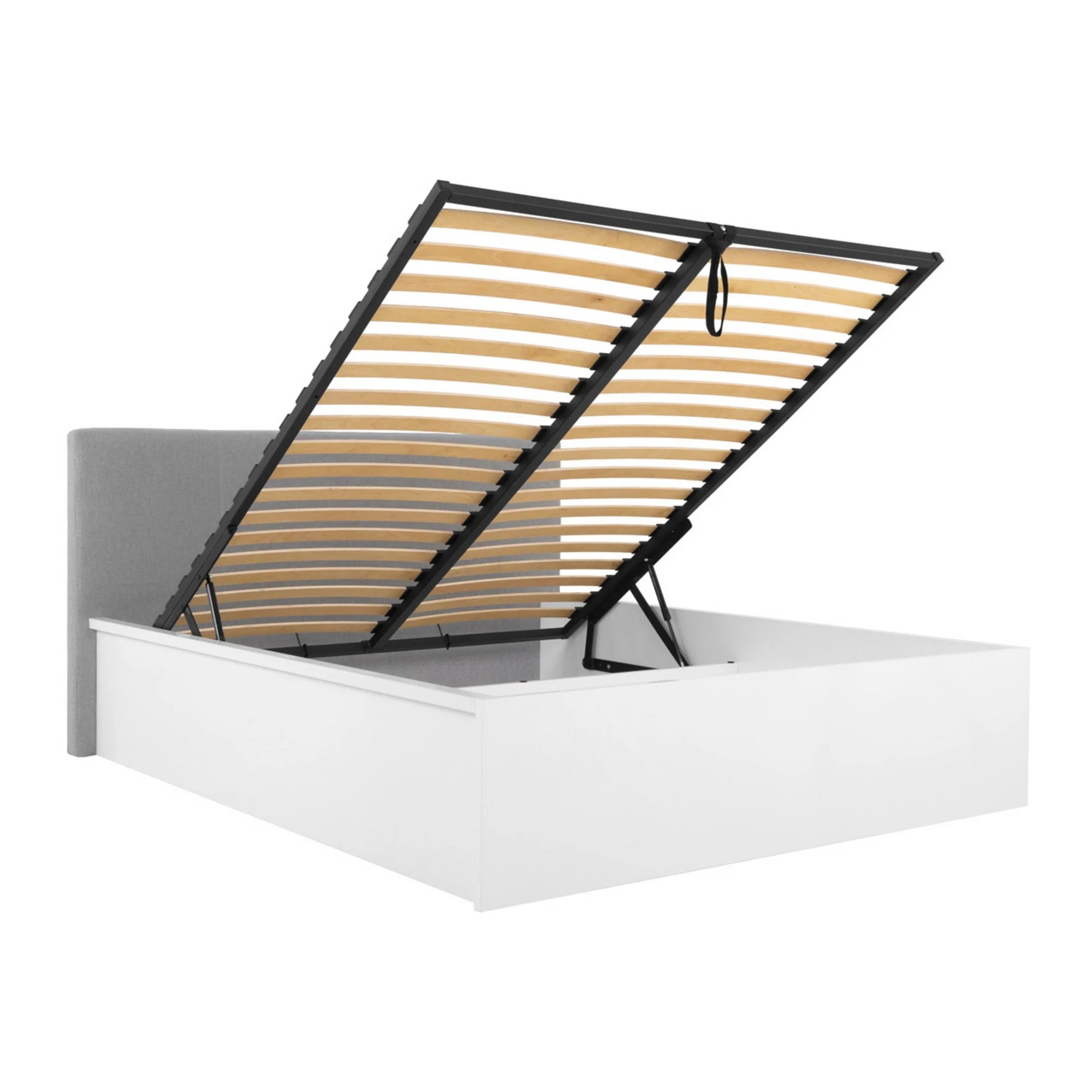 Pat TETRIX 140x200, alb lucios/gri, PAL/stofa, cu somiera si spatiu depozitare