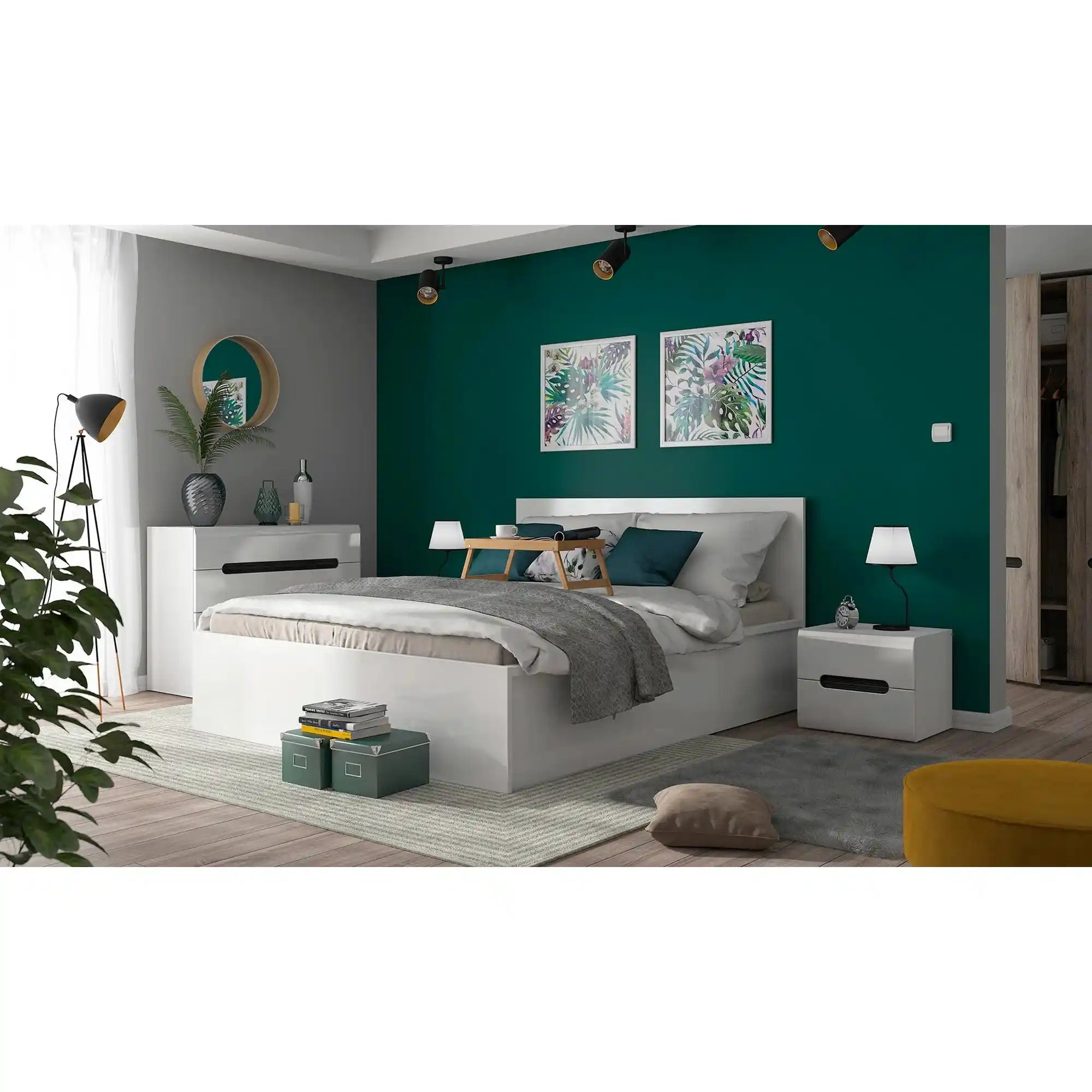 Pat TETRIX 140x200, alb lucios, PAL, cu somiera si spatiu depozitare