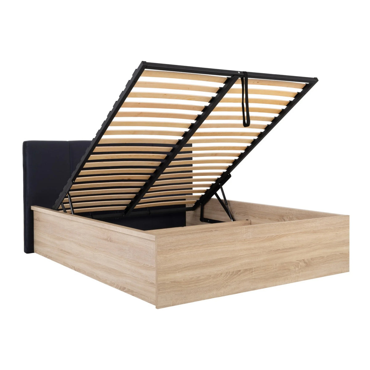 Pat TETRIX 140x200, stejar sonoma/negru, PAL/stofa, cu somiera si spatiu depozitare