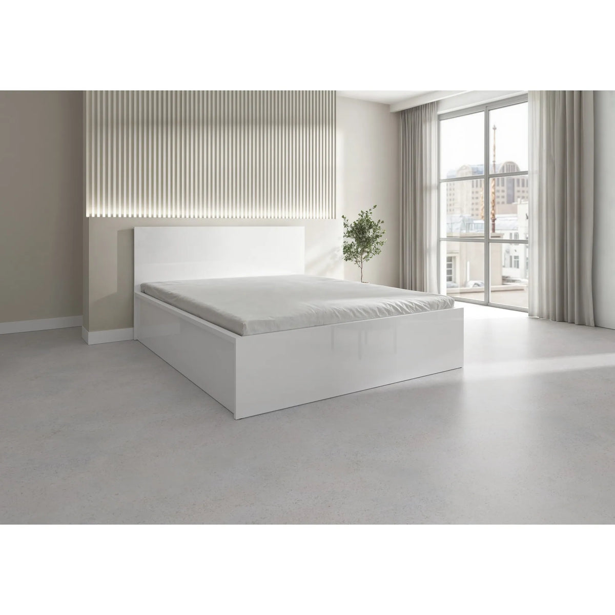 Pat TETRIX 160x200, alb lucios, PAL, cu somiera si spatiu depozitare