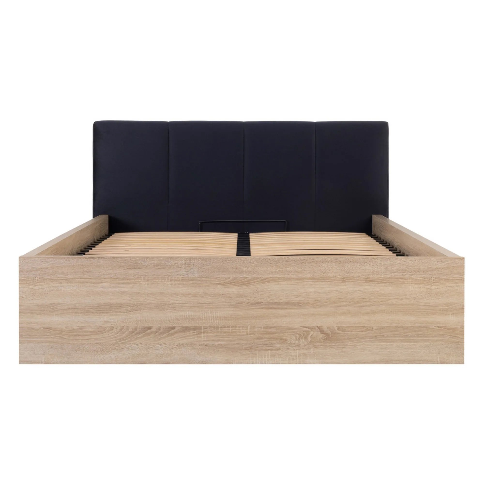 Pat TETRIX 160x200, stejar sonoma/negru, PAL/stofa, cu somiera si spatiu depozitare