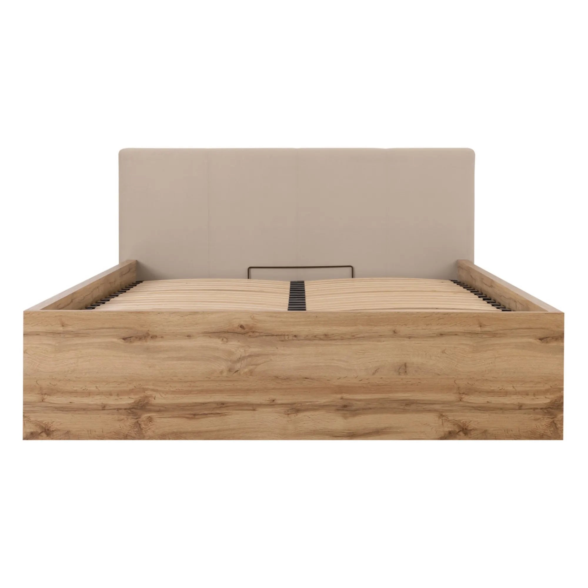 Pat TETRIX 160x200, stejar wotan/bej, PAL/stofa catifelata, cu somiera si spatiu depozitare