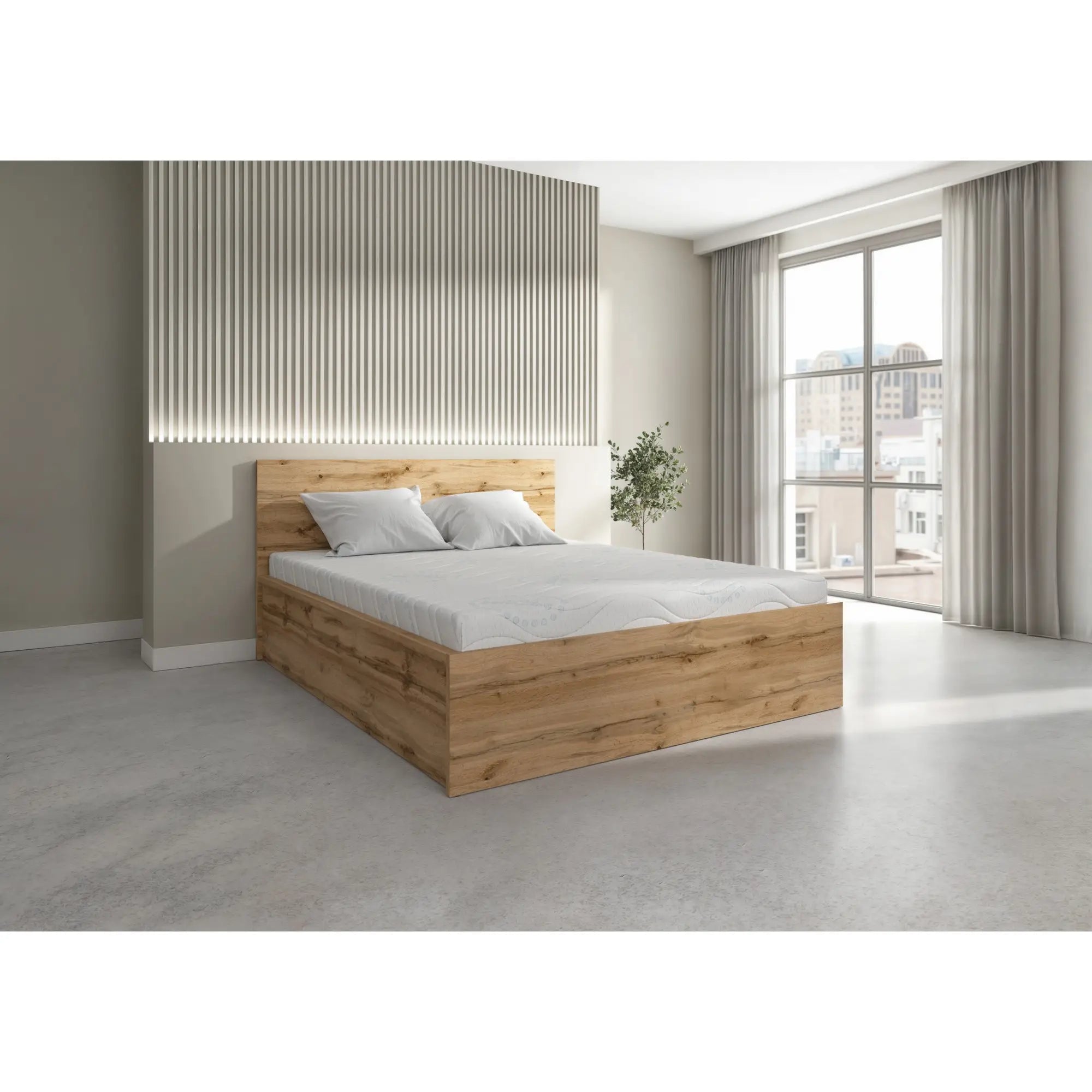 Pat TETRIX 160x200, stejar wotan, PAL, cu somiera si spatiu depozitare