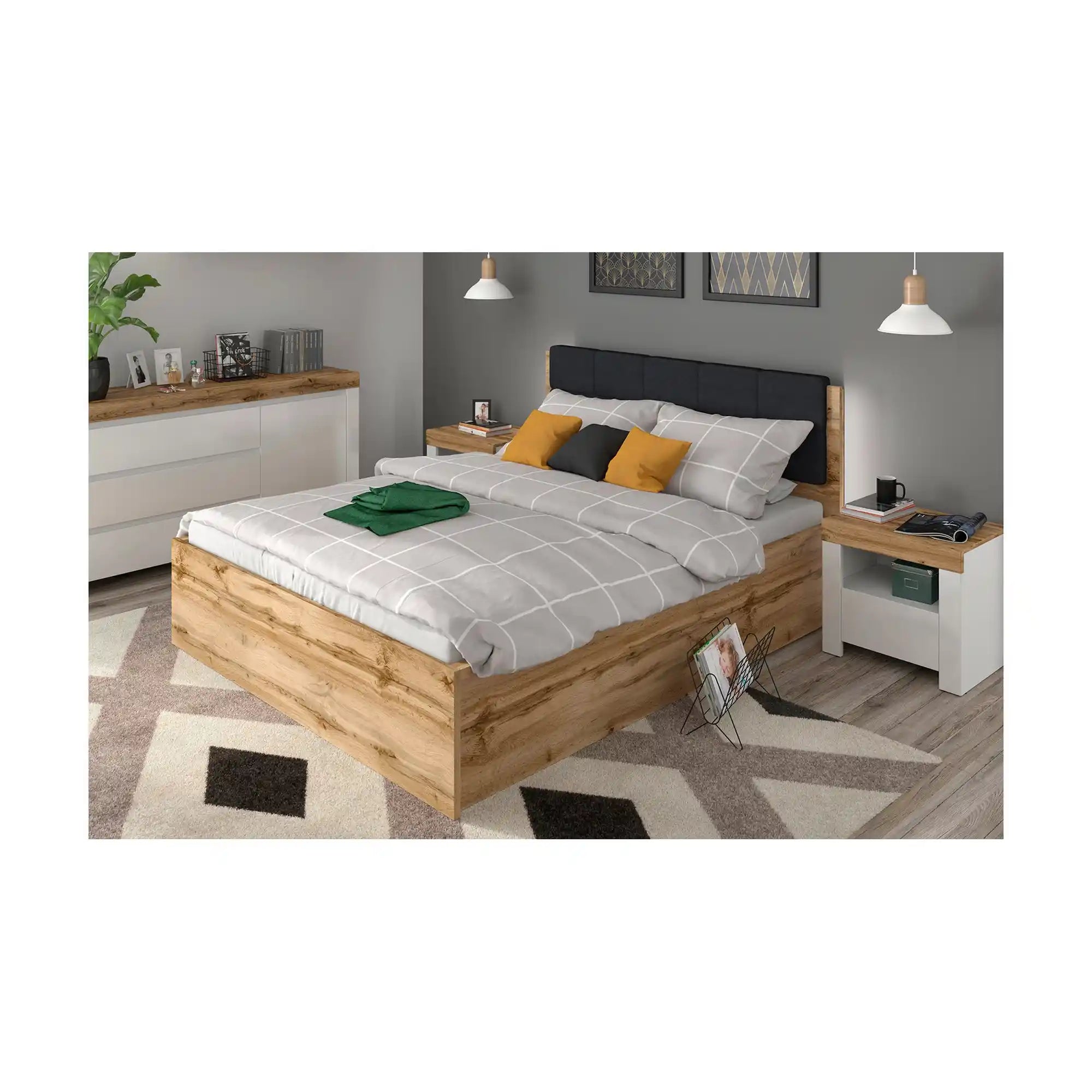 Pat TETRIX 160x200, stejar wotan, PAL, cu somiera si spatiu depozitare