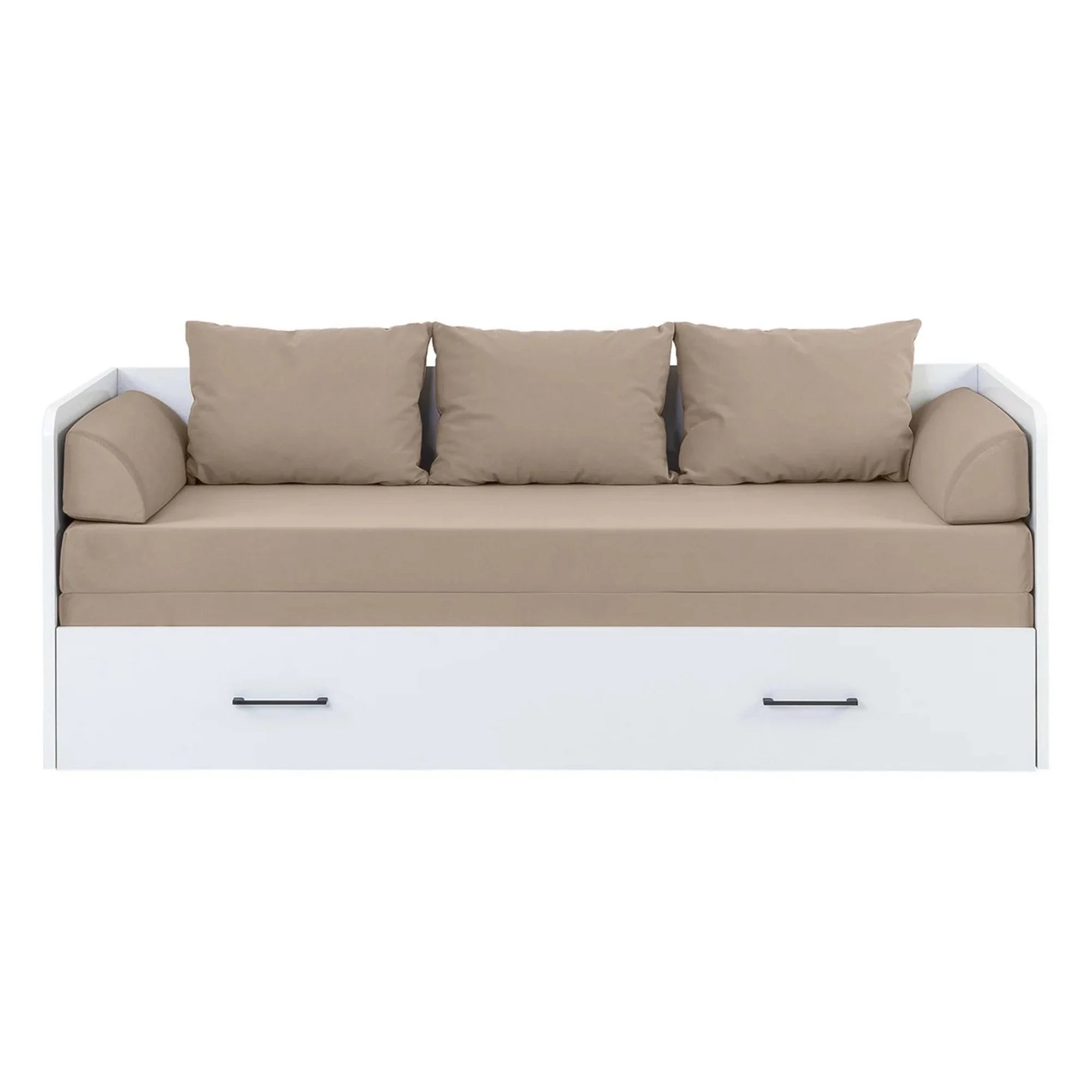 Pat TETRIX 80/160x200, alb/bej, PAL/stofa, cu saltea extensibila si spatiu depozitare