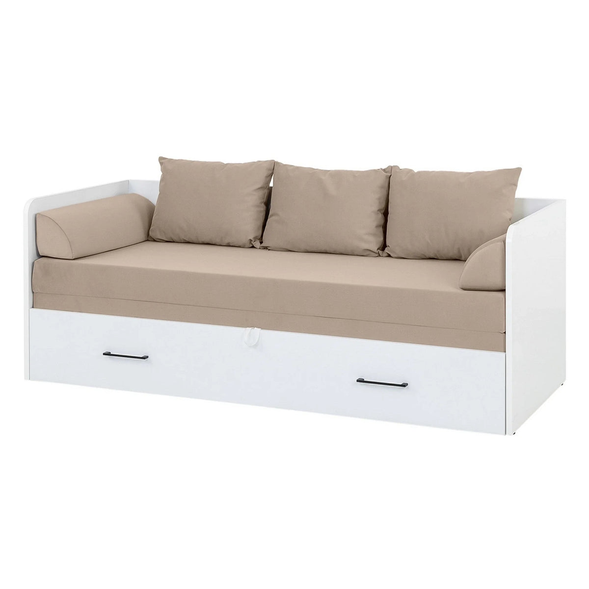 Pat TETRIX 80/160x200, alb/bej, PAL/stofa, cu saltea extensibila si spatiu depozitare