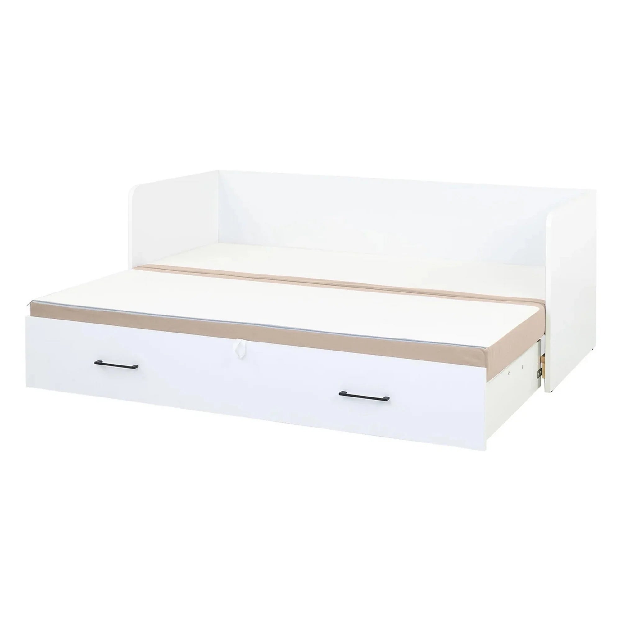 Pat TETRIX 80/160x200, alb/bej, PAL/stofa, cu saltea extensibila si spatiu depozitare