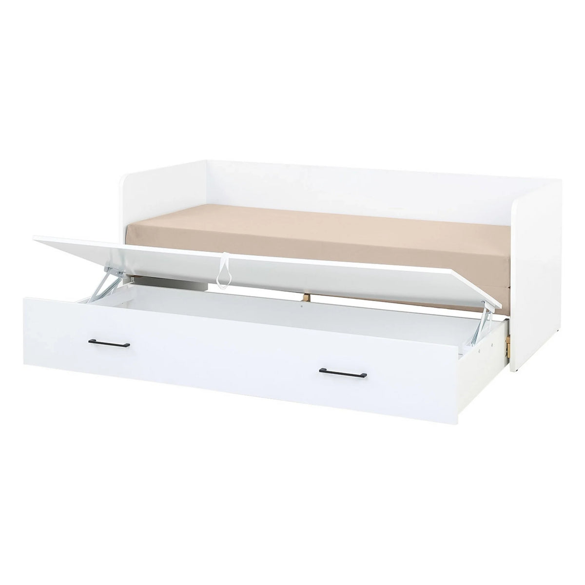 Pat TETRIX 80/160x200, alb/bej, PAL/stofa, cu saltea extensibila si spatiu depozitare