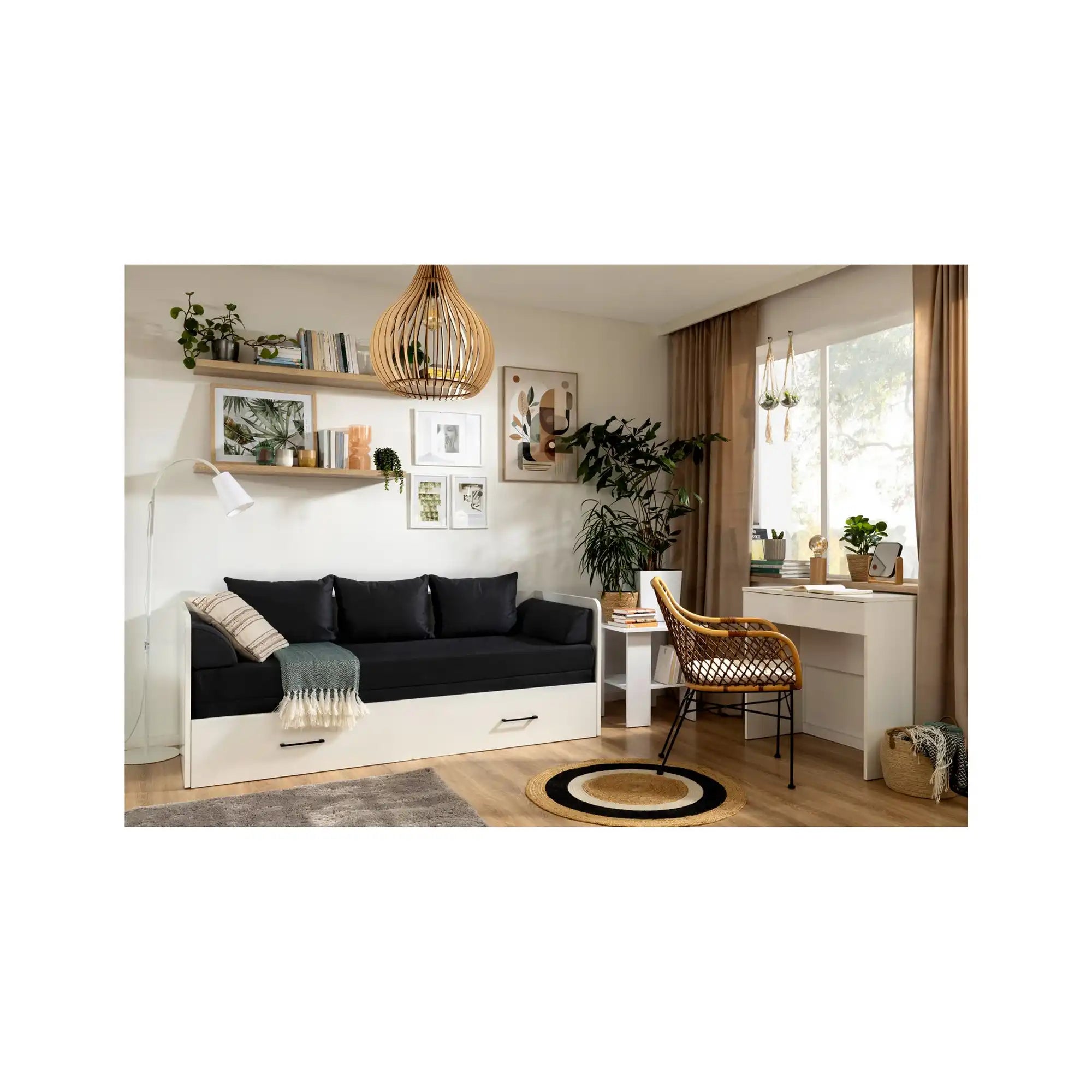 Pat TETRIX 80/160x200, alb/negru, PAL/stofa, cu saltea extensibila si spatiu depozitare