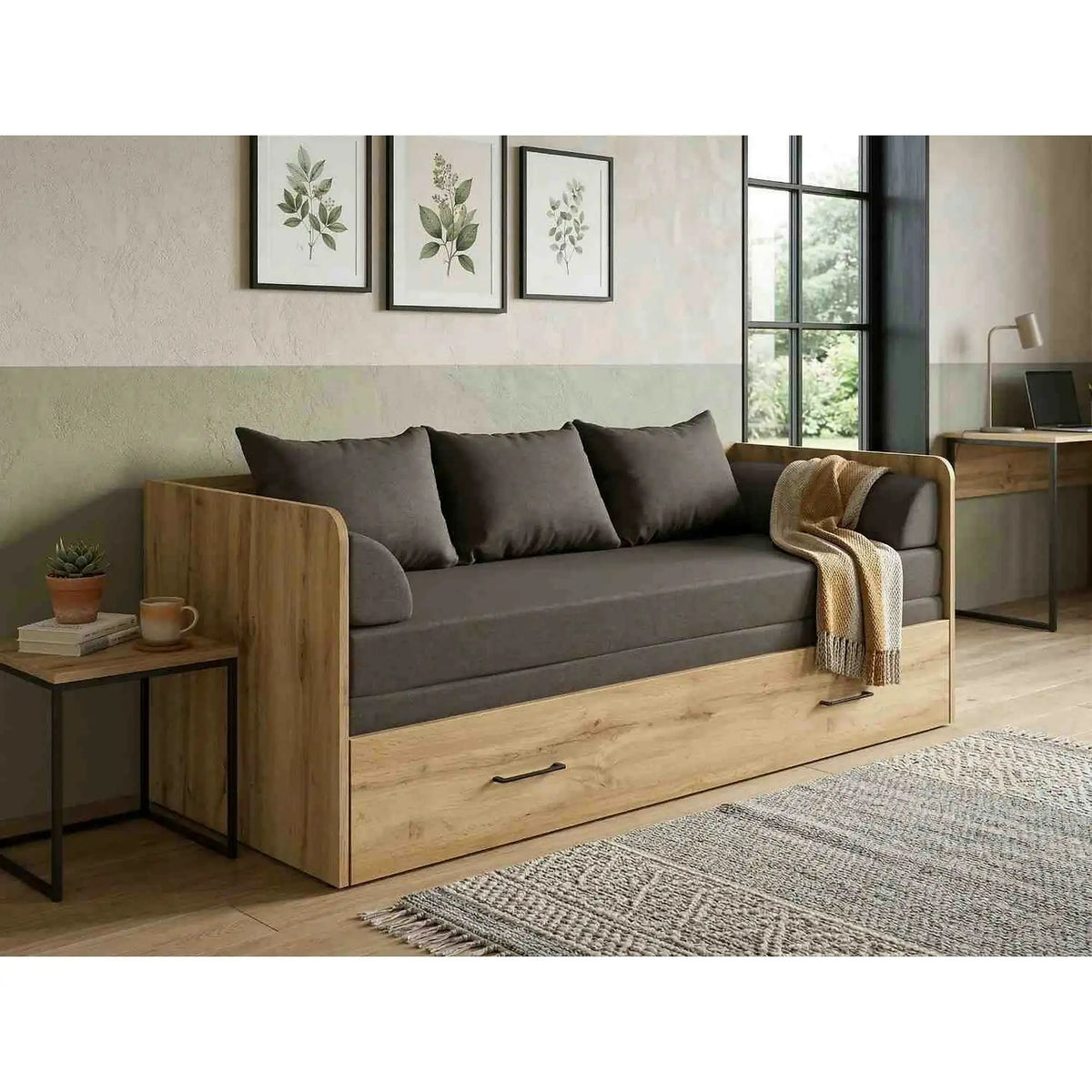 Pat TETRIX 80/160x200, stejar wotan/maro, PAL/stofa, cu saltea extensibila si spatiu depozitare