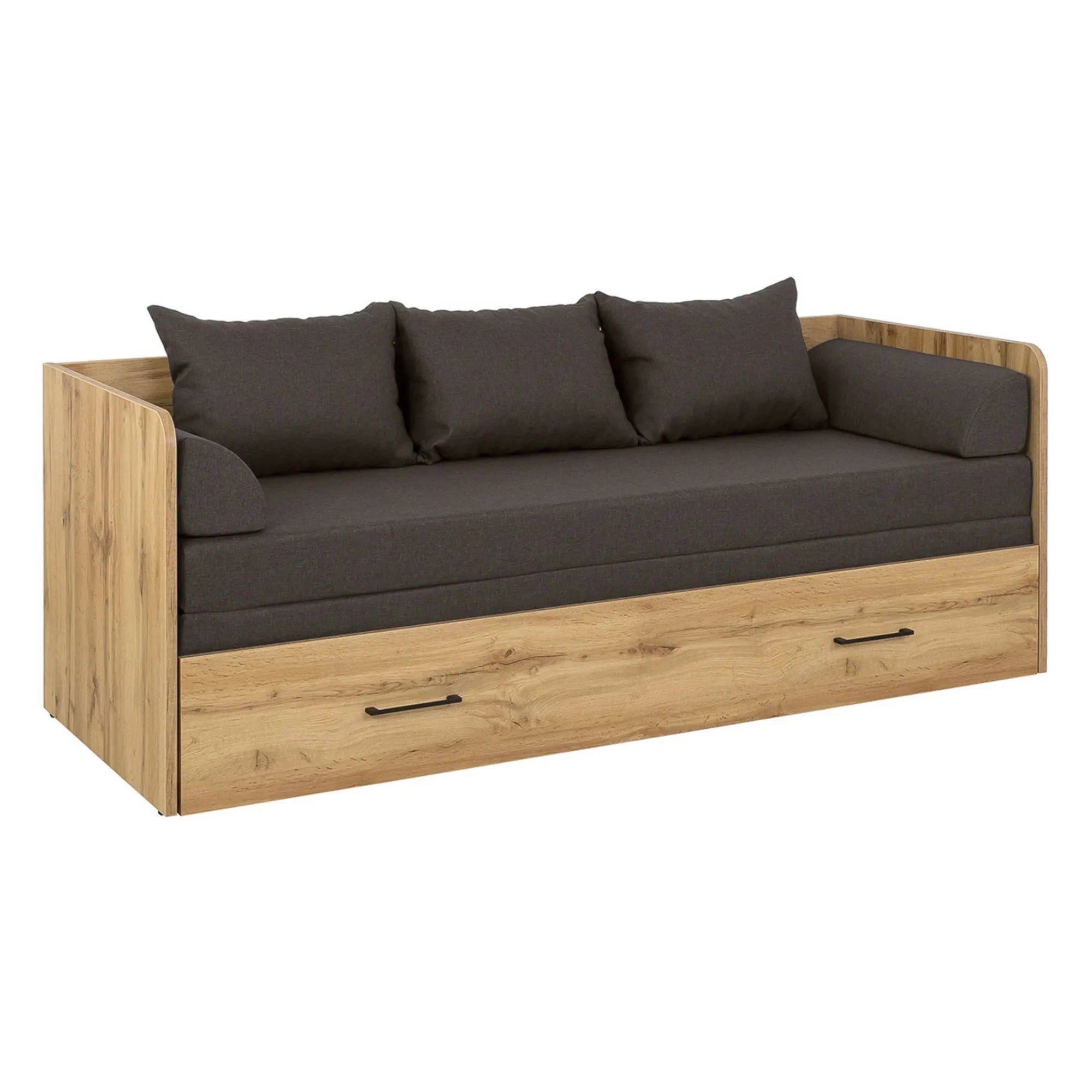 Pat TETRIX 80/160x200, stejar wotan/maro, PAL/stofa, cu saltea extensibila si spatiu depozitare