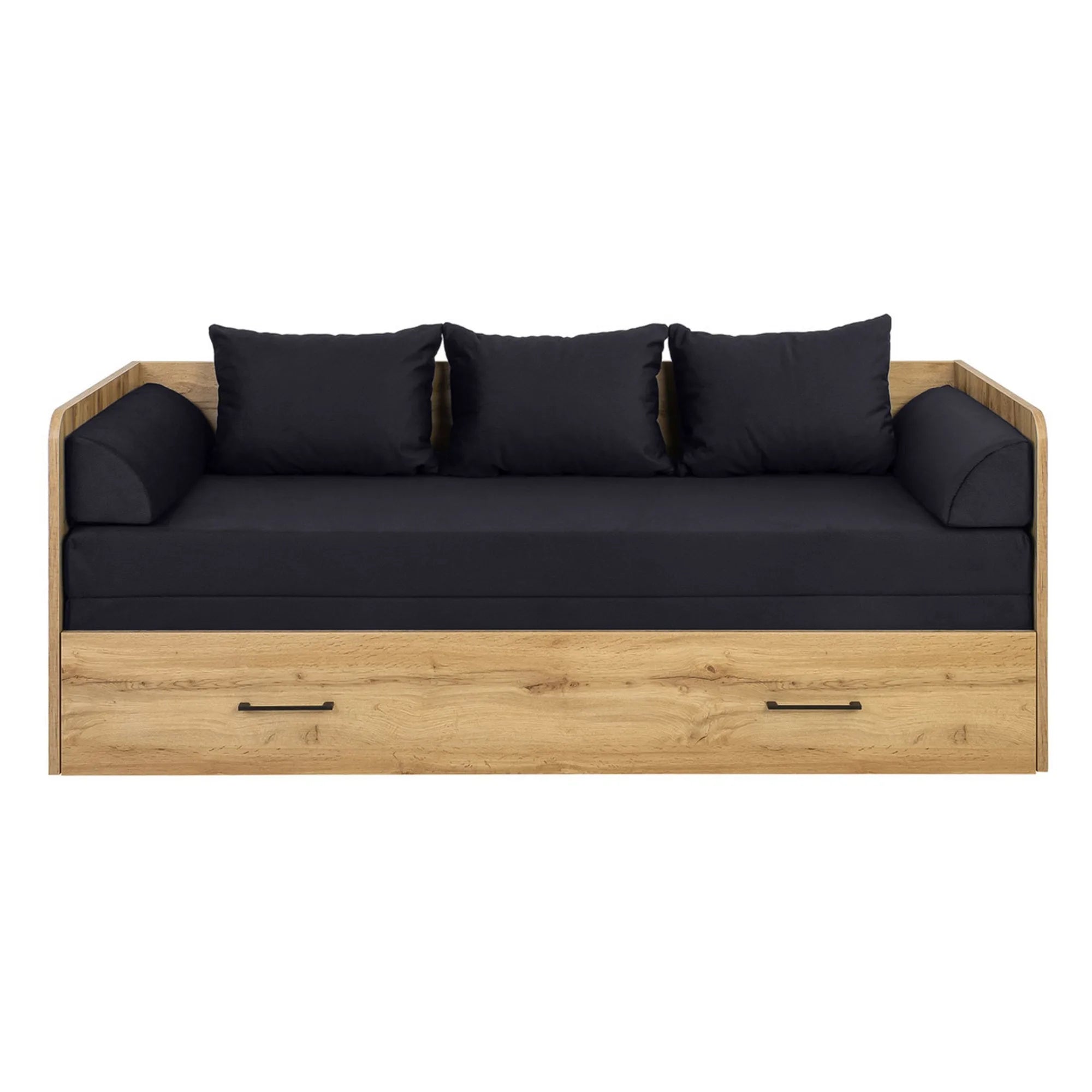 Pat TETRIX 80/160x200, stejar wotan/negru, PAL/stofa, cu saltea extensibila si spatiu depozitare