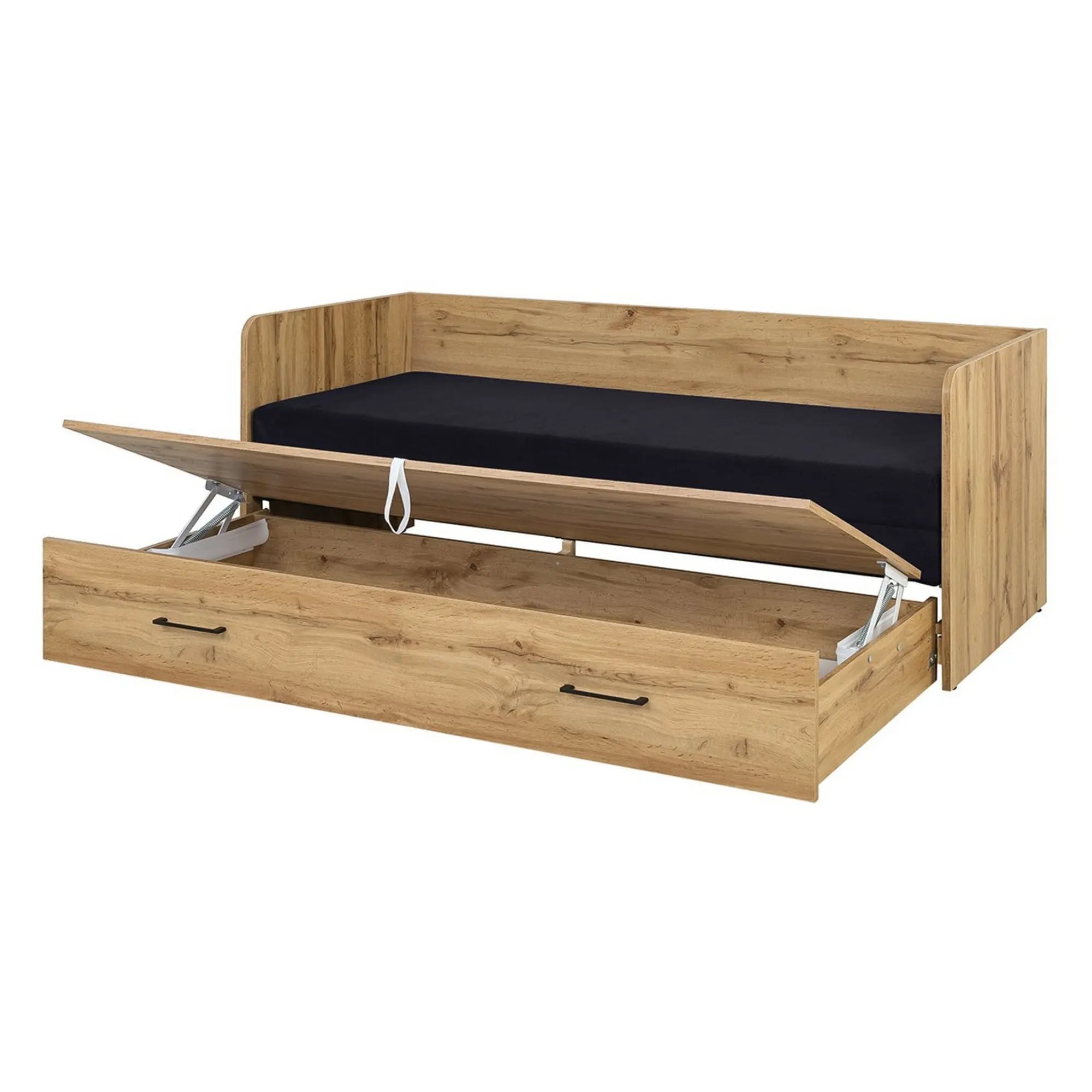 Pat TETRIX 80/160x200, stejar wotan/negru, PAL/stofa, cu saltea extensibila si spatiu depozitare