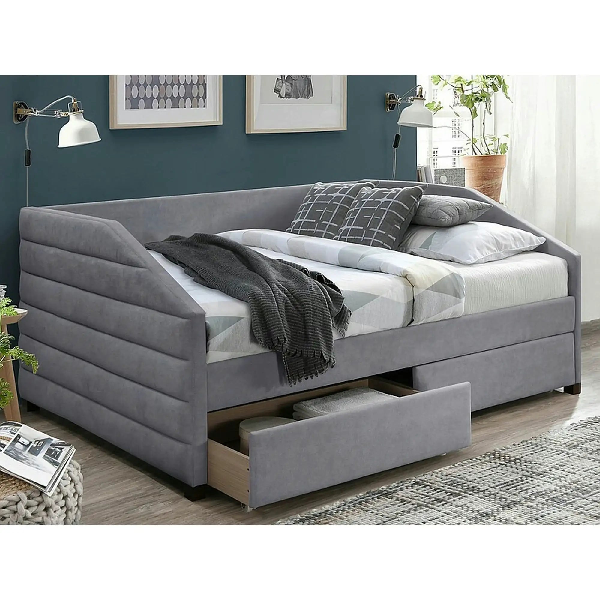 Pat tip divan NADIA 120x200, stofa catifelata gri, cu somiera si sertare