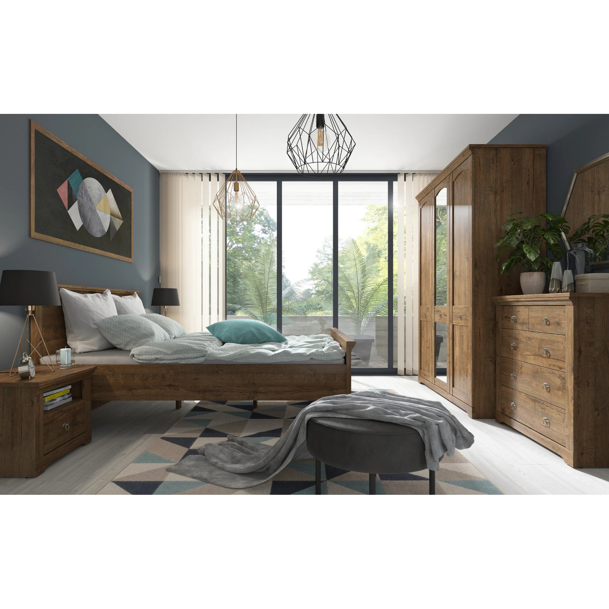 Set dormitor PATRAS, stejar, pat 160x200, dulap cu 3 usi, 2 noptiere si comoda