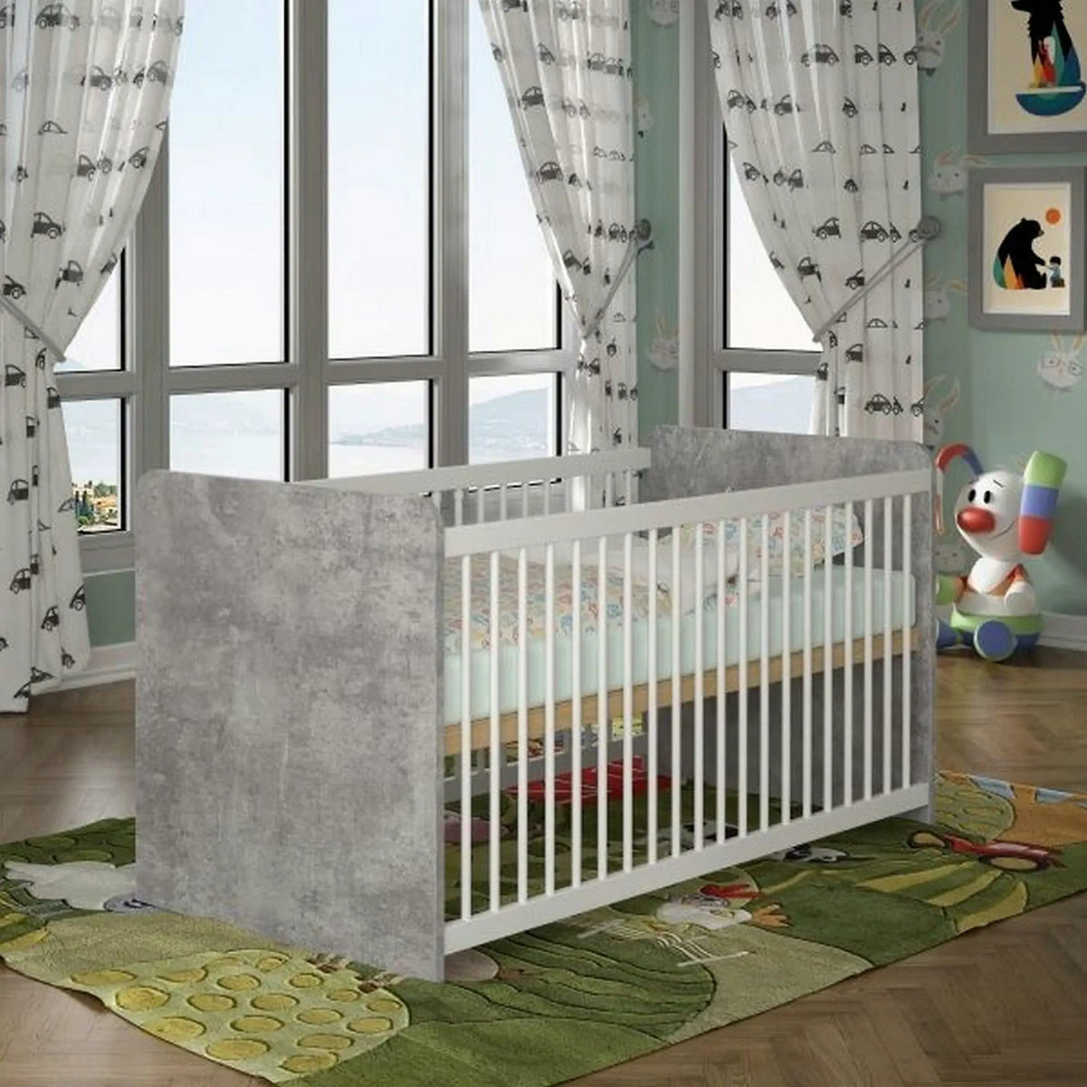 Patut pentru copii EMILY 70x140, alb/gri beton, PAL/metal, cu somiera