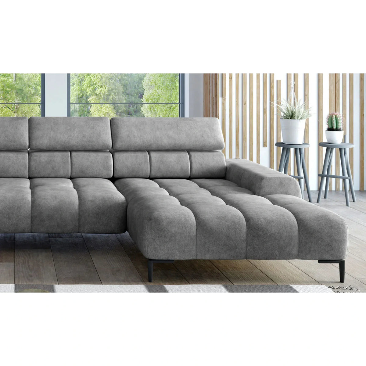 Coltar PLAZA XL, personalizabil materiale gama Premium, cu reglaj electric, tetiera si spatar reglabil, 385x216x99 cm