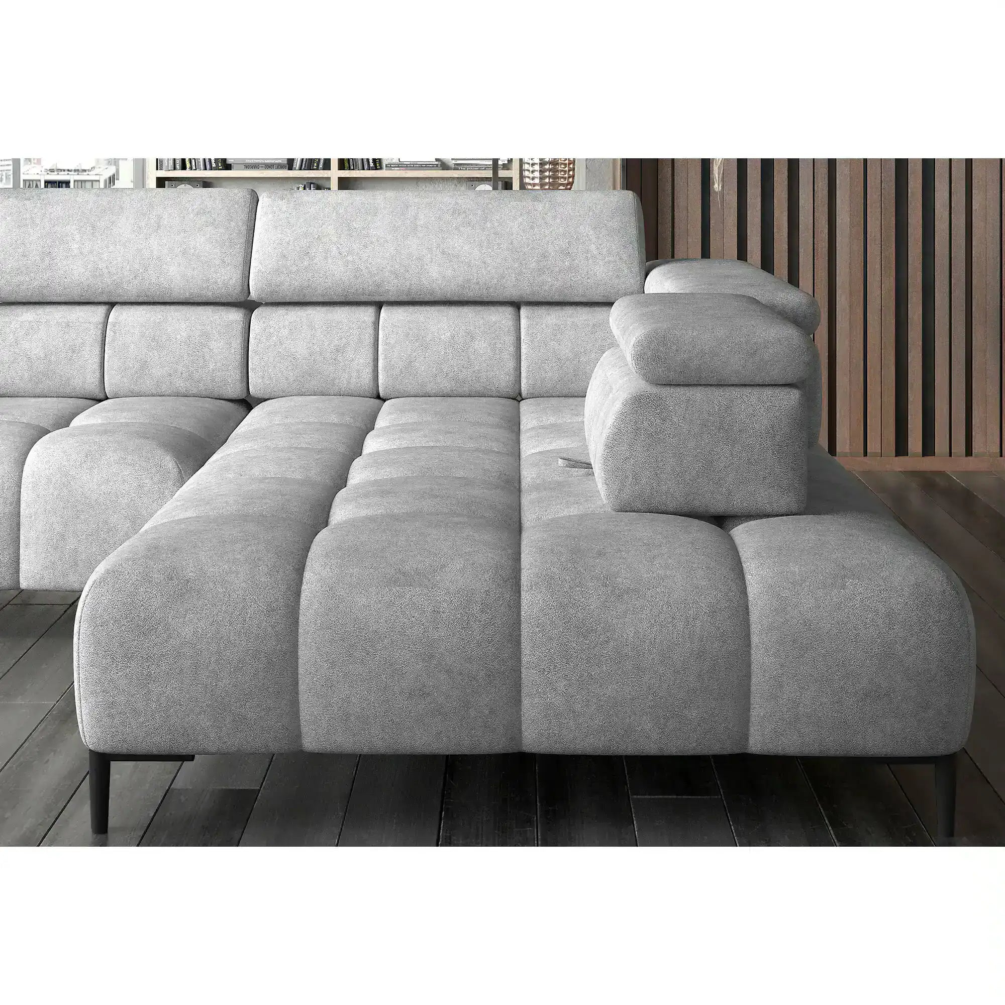 Coltar PLAZA L, sezlong dreapta, stofa catifelata rosu - Vogue 7, Gama Premium, cu reglaj electric si tetiere reglabile, 300x216x99 cm