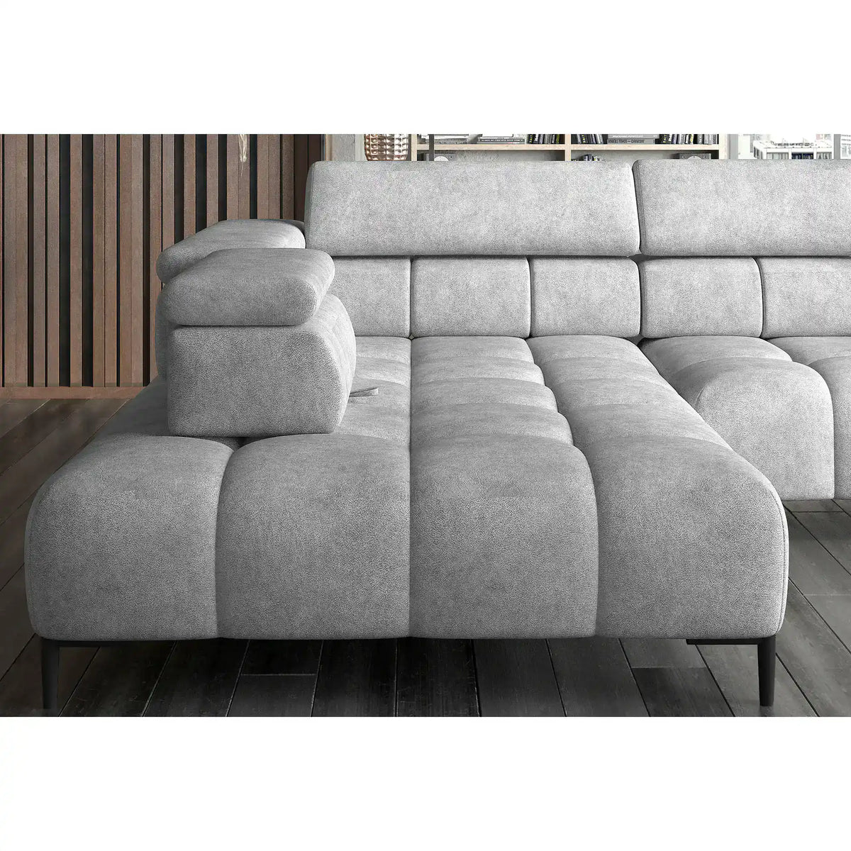 Coltar PLAZA L, personalizabil materiale gama Premium, cu reglaj electric si tetiere reglabile, 300x216x99 cm