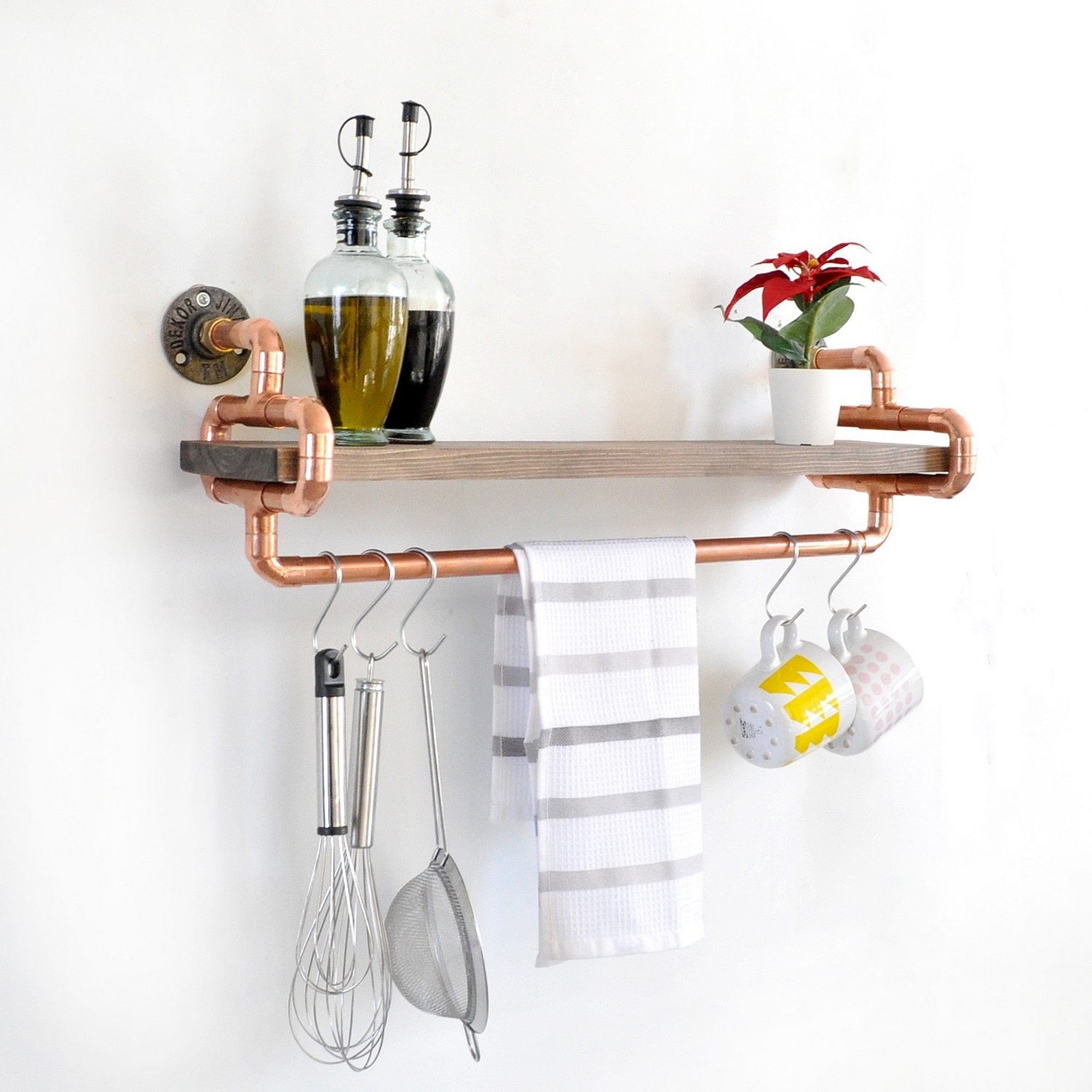 Polita bucatarie COP045, stejar/cupru, lemn/metal, 60x17x19 cm