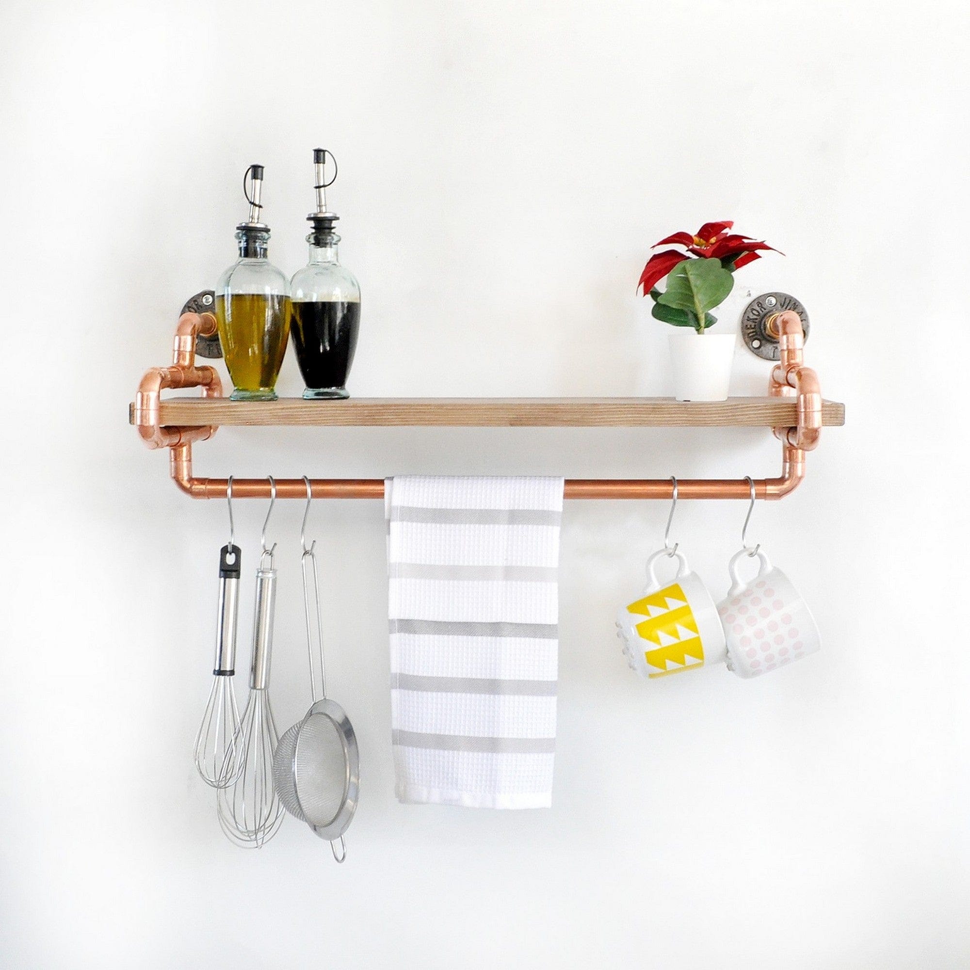 Polita bucatarie COP045, stejar/cupru, lemn/metal, 60x17x19 cm