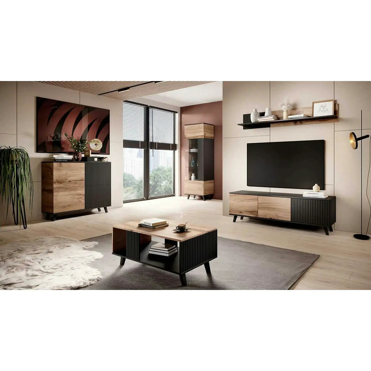 Polita RANDOM, stejar wotan/negru, PAL, 150x20x25 cm