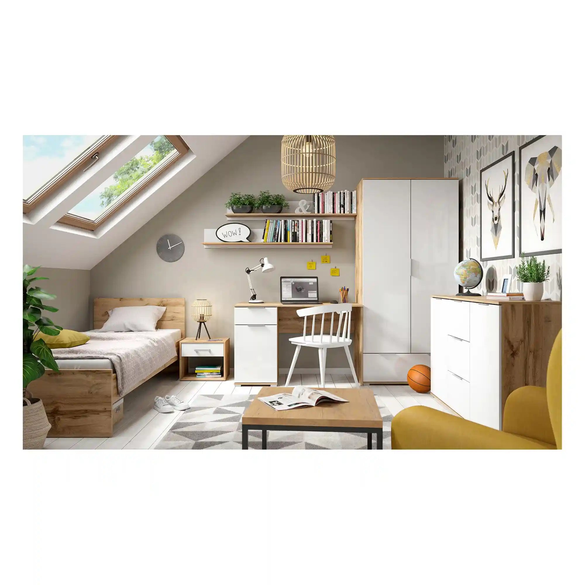 Polita ZELE, stejar wotan/alb lucios, PAL laminat, 135x19x20 cm