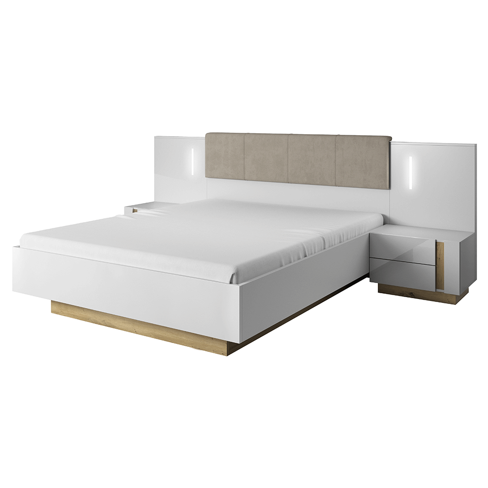 Cadru pat CITY 160x200, alb/stejar grandson, stofa/DTD/metal
