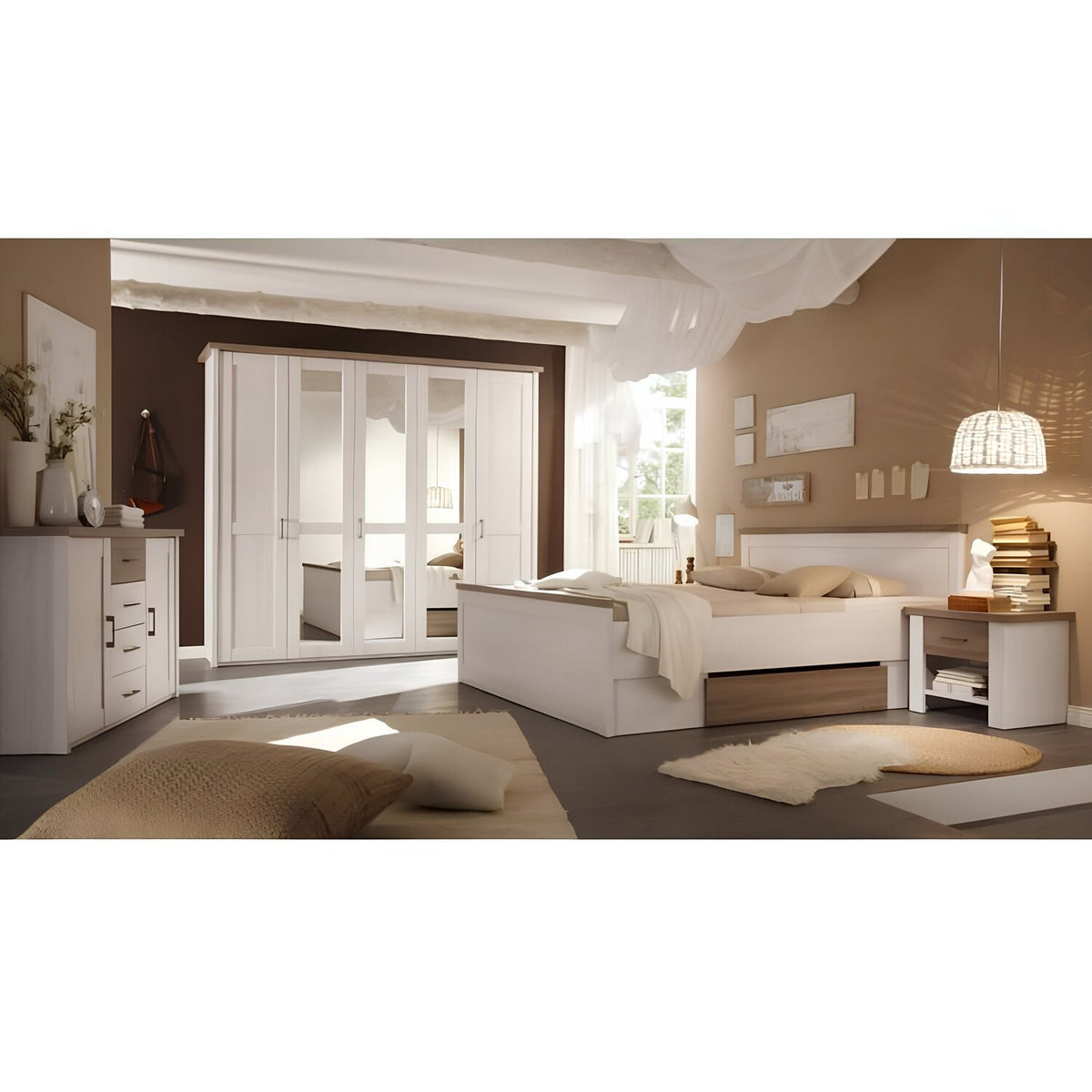 Cadru pat LUMERA 180x200, pin alb/stejar trufa, PAL melaminat, cu 2 sertare si 2 noptiere