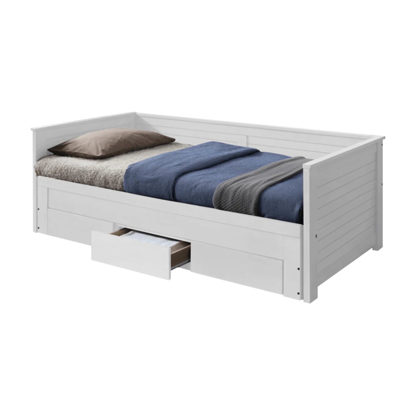 Pat extensibil GORETA 90x200/180x200, alb, cu somiera si 3 sertare pentru depozitare