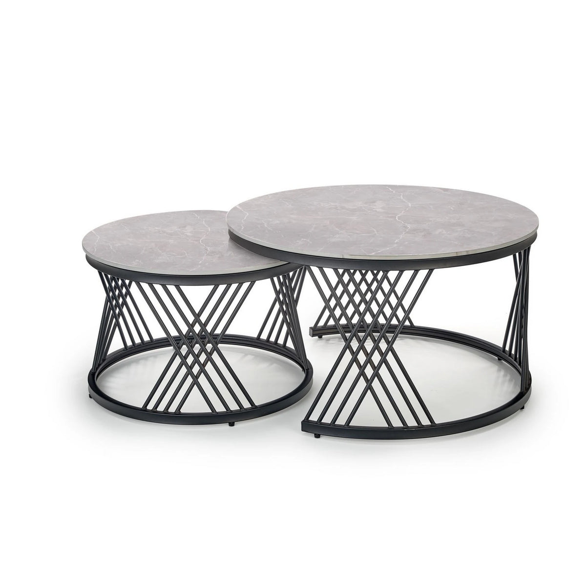 Set 2 masute cafea FLAMINGO, gri cu efect de marmura/negru, ceramica/metal