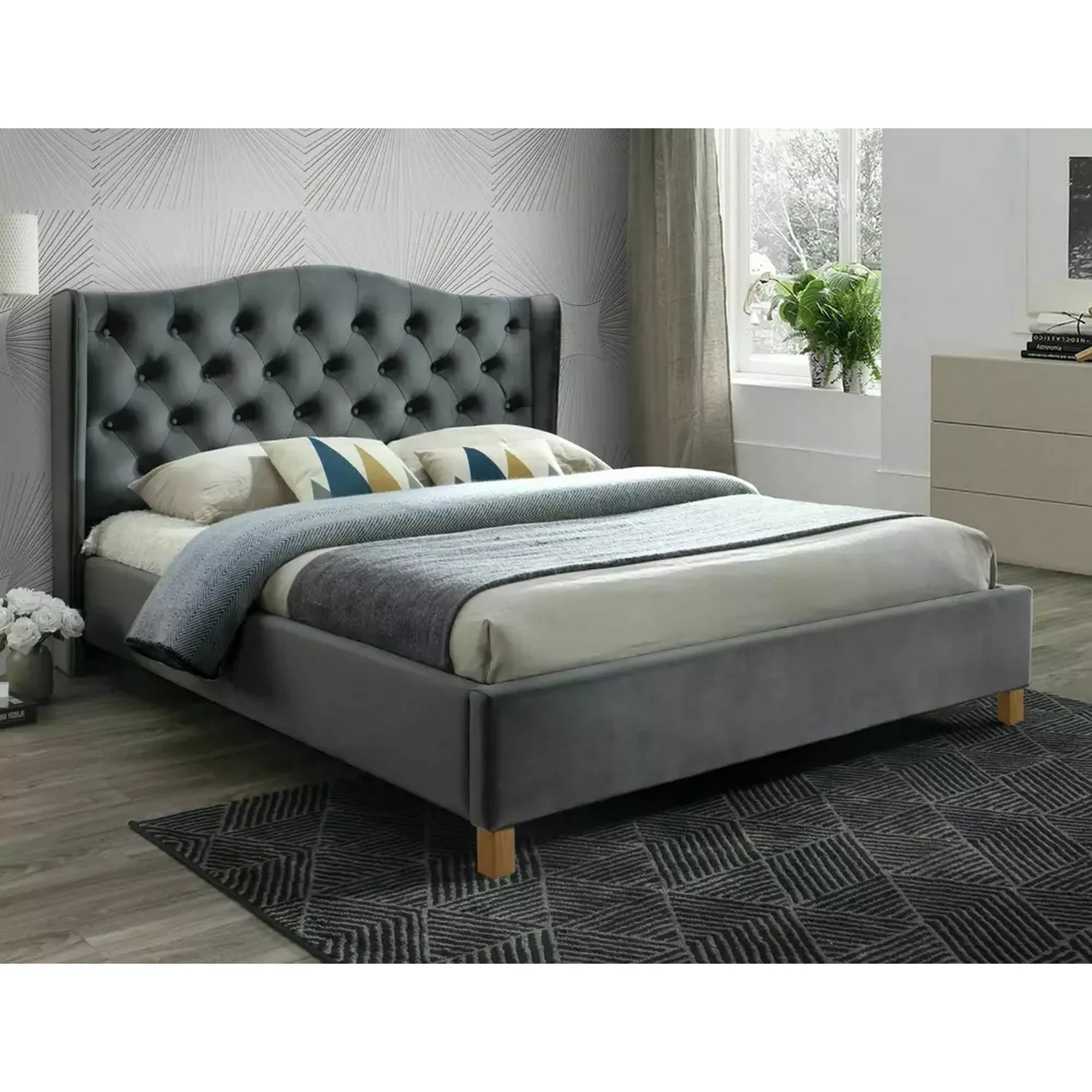 Pat tapitat 160 ASPEN, stofa catifelata gri - BLUVEL 14, cu somiera