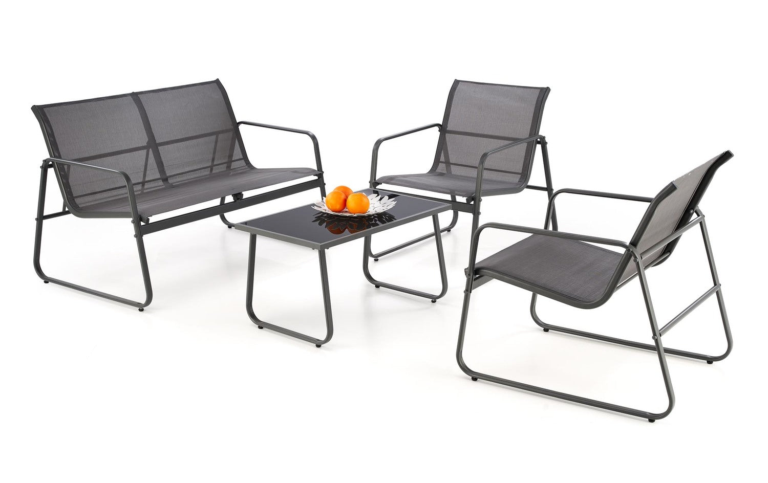 Set gradina CONOR, gri, plasa/sticla/metal, cu masuta, 2 scaune si canapea