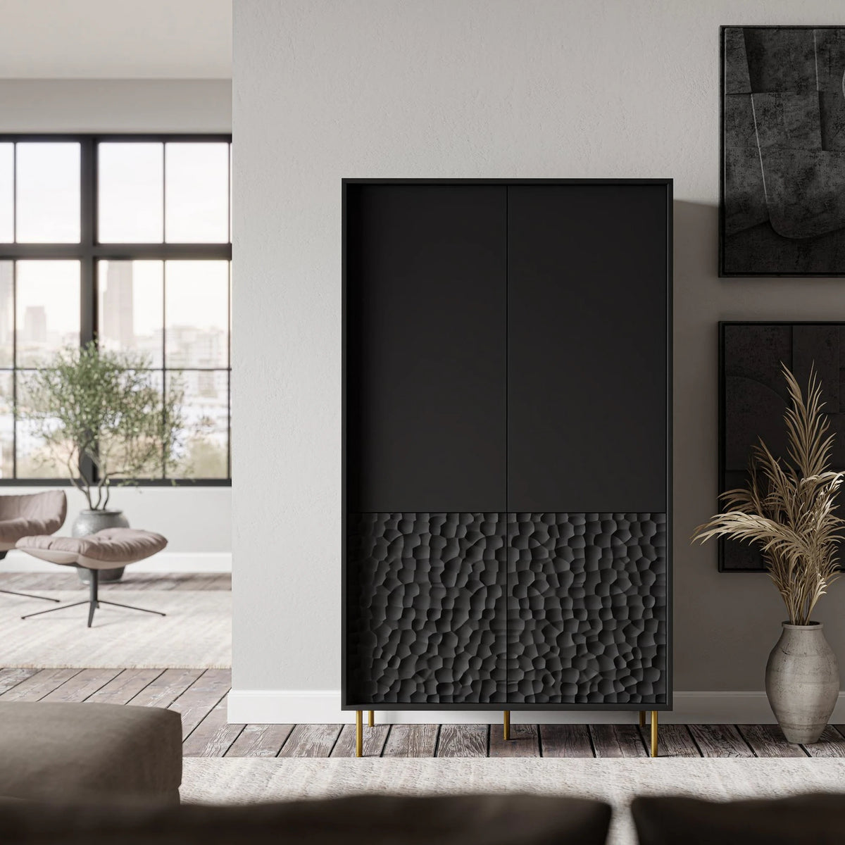 Dulap BULLET S-1, negru/auriu, PAL laminat/metal, cu 4 usi, 90x53x185 cm