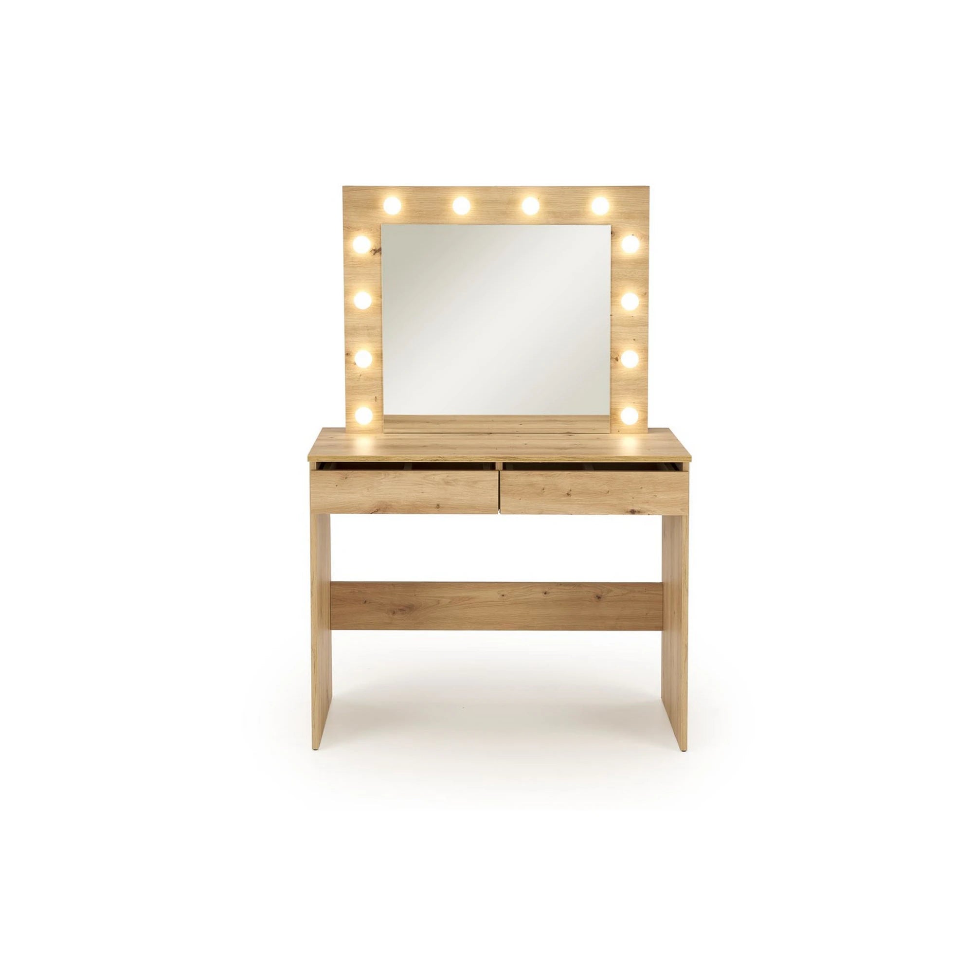 Masa de toaleta HOLLYWOOD, stejar artisan, PAL laminat, cu oglinda si iluminare LED, 94x43x140 cm