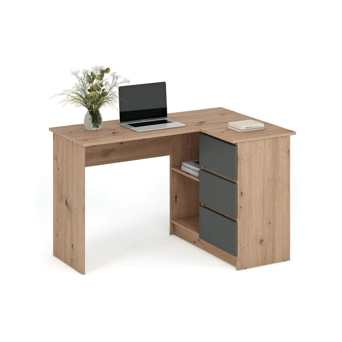 Birou BEGA, stejar artisan/gri grafit, PAL laminat, 124x85x76 cm