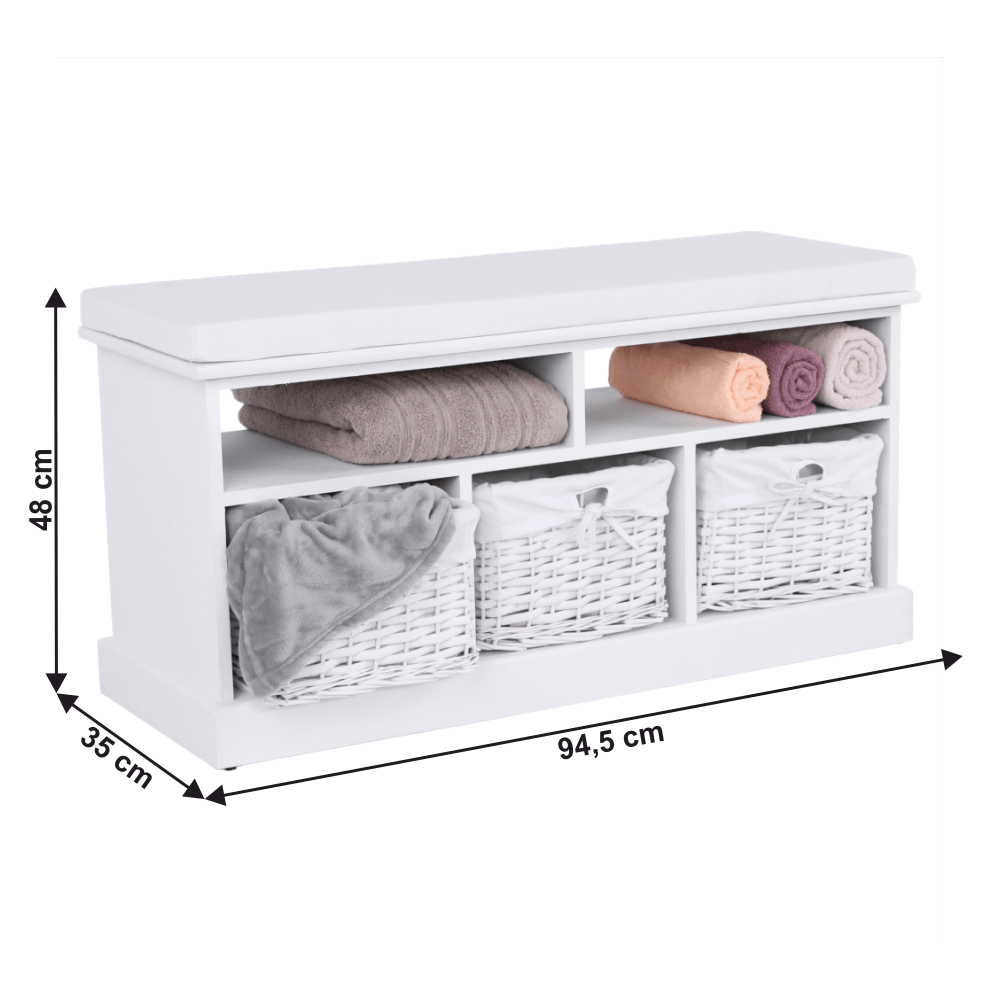 Bancheta RAFAELLO, alb, lemn, cu 3 coşuri, 95x35x49 cm