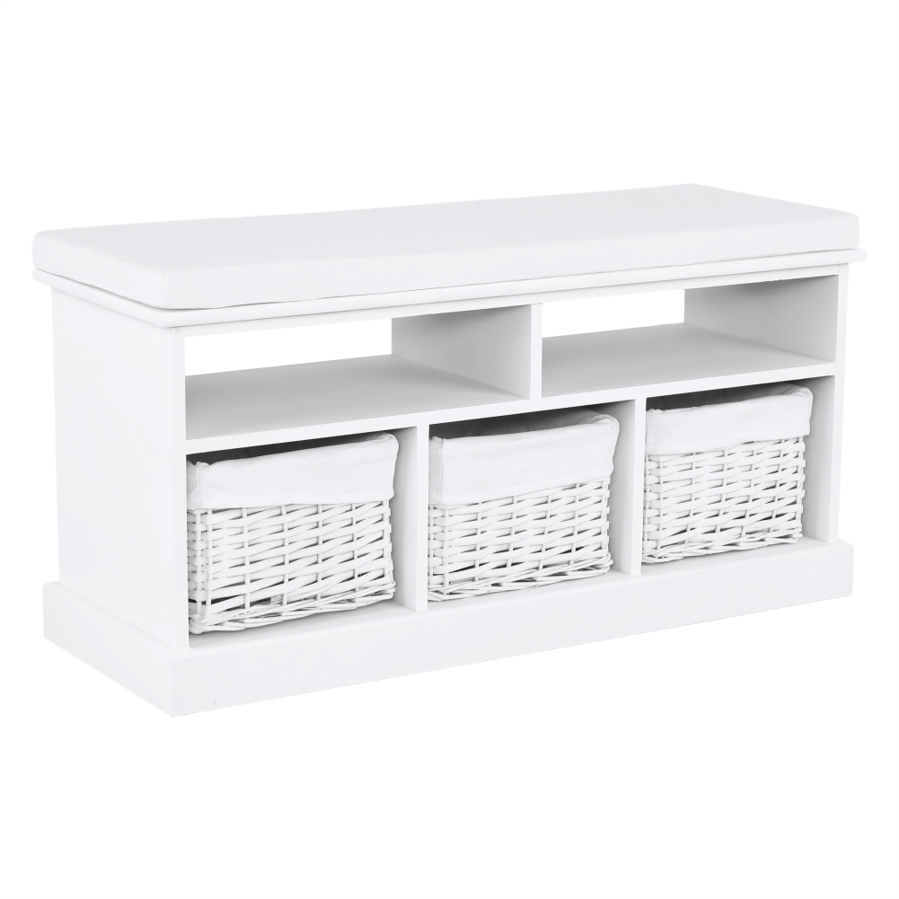 Bancheta RAFAELLO, alb, lemn, cu 3 coşuri, 95x35x49 cm