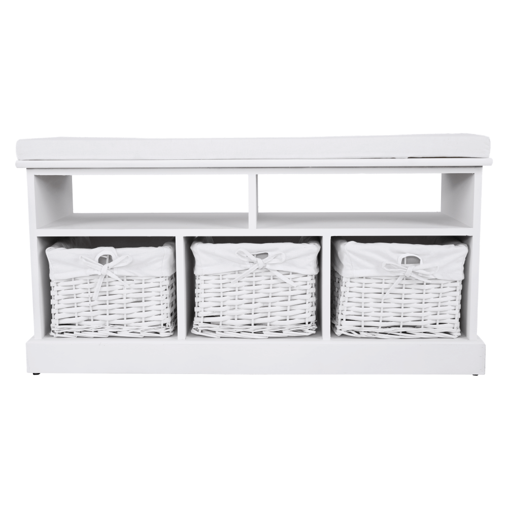 Bancheta RAFAELLO, alb, lemn, cu 3 coşuri, 95x35x49 cm