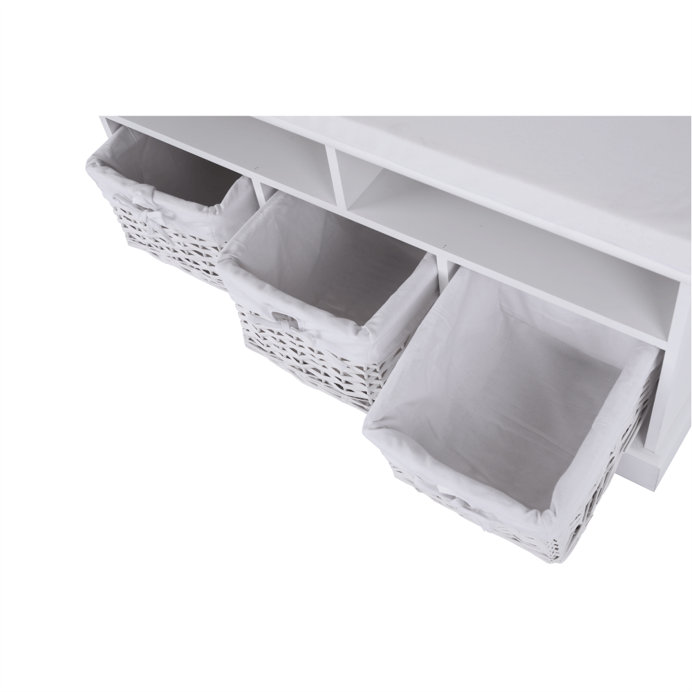 Bancheta RAFAELLO, alb, lemn, cu 3 coşuri, 95x35x49 cm