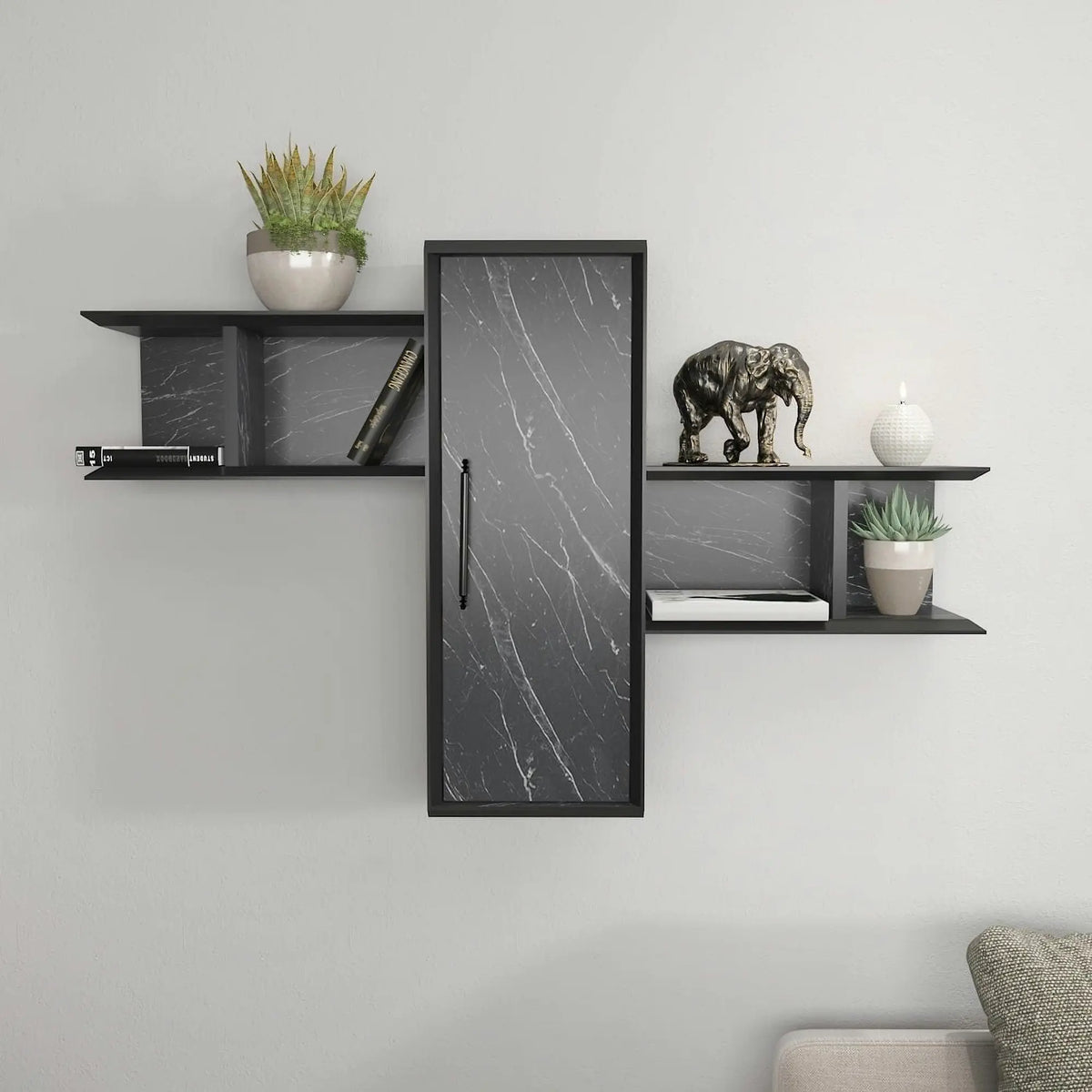 Raft OLIDA, negru cu efect de marmura, PAL melaminat, 119x35x52 cm
