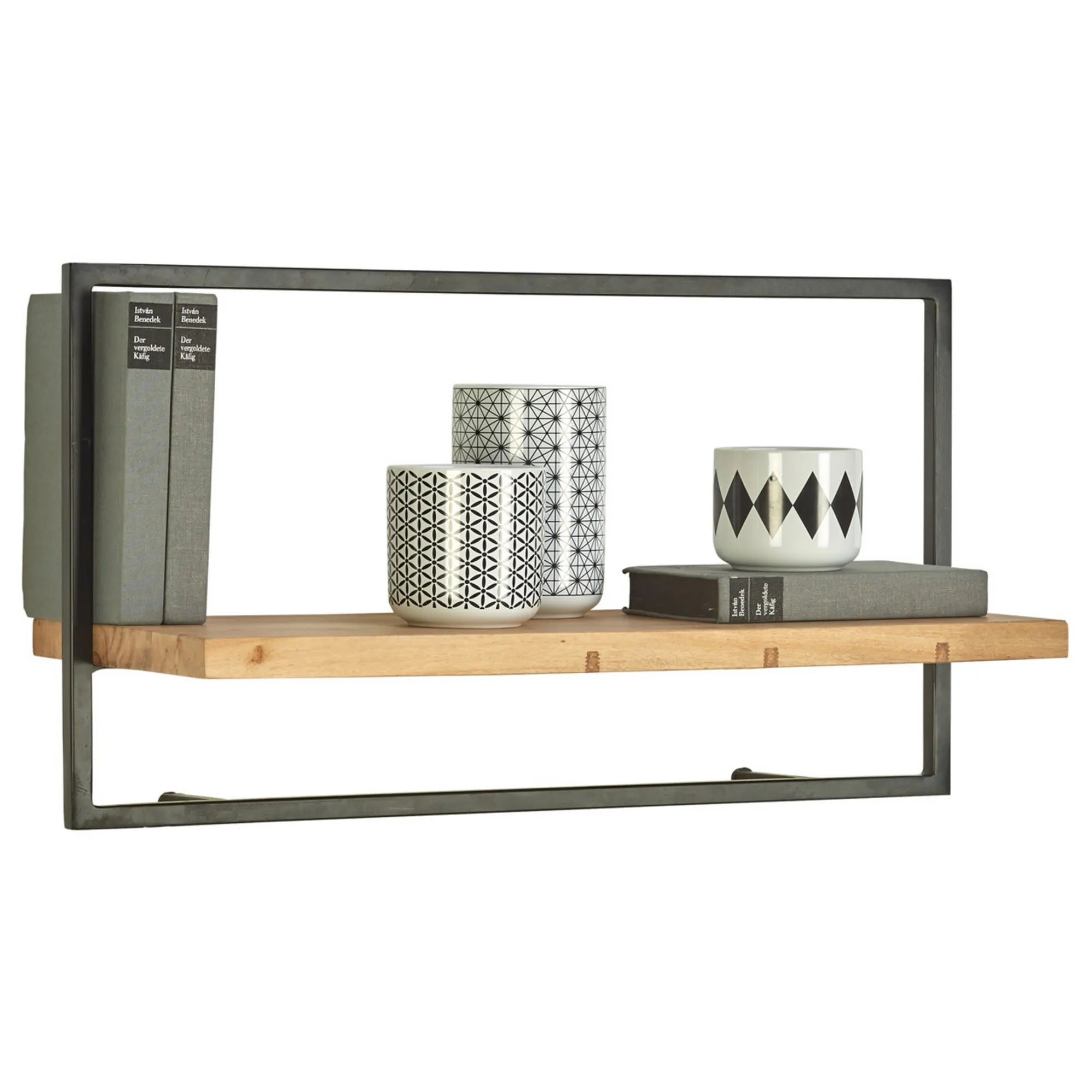 Raft VALO, stejar/negru, lemn/metal, 65x25x35 cm