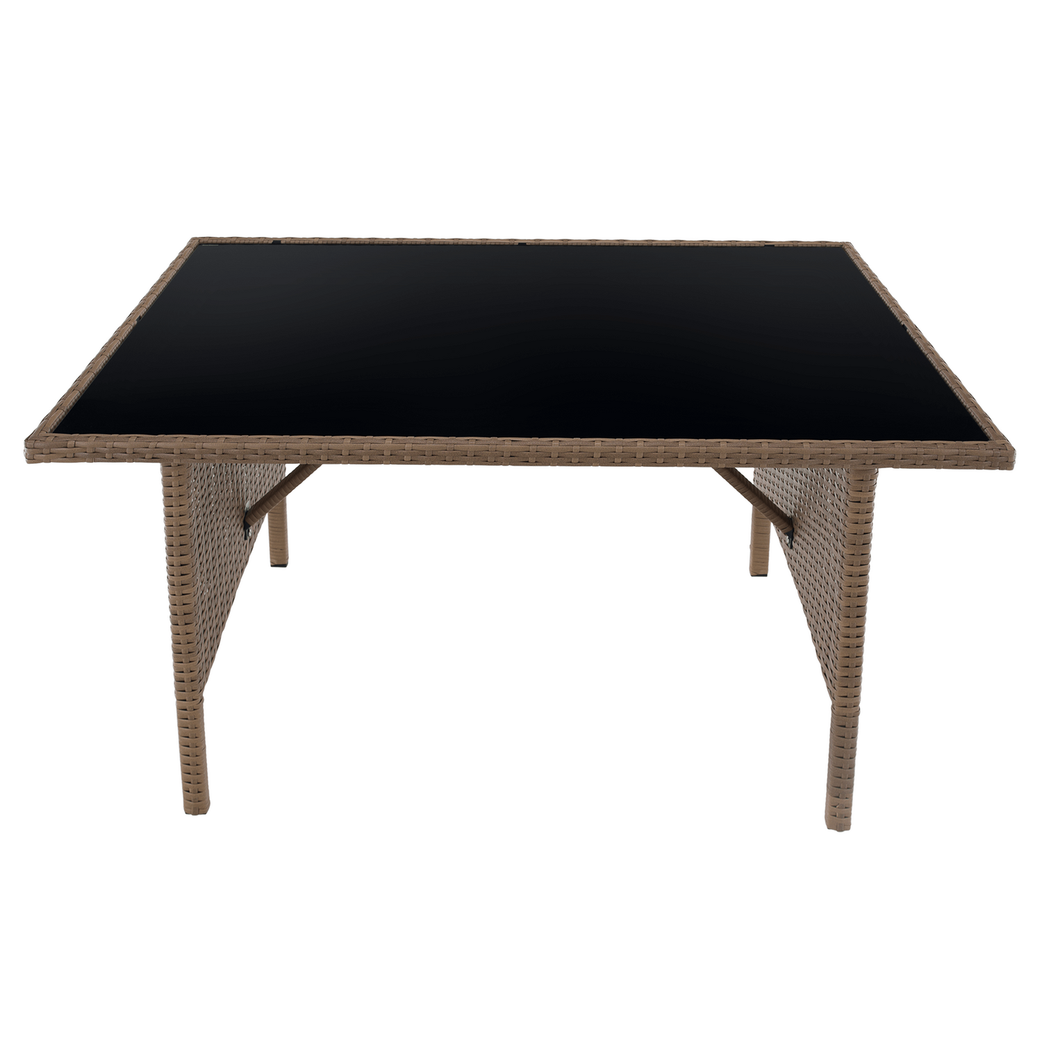 Set gradina RANDI, stejar/gri deschis/negru, ratan sintetic/sticla temperata/metal, cu masa, 2 taburete si canapea