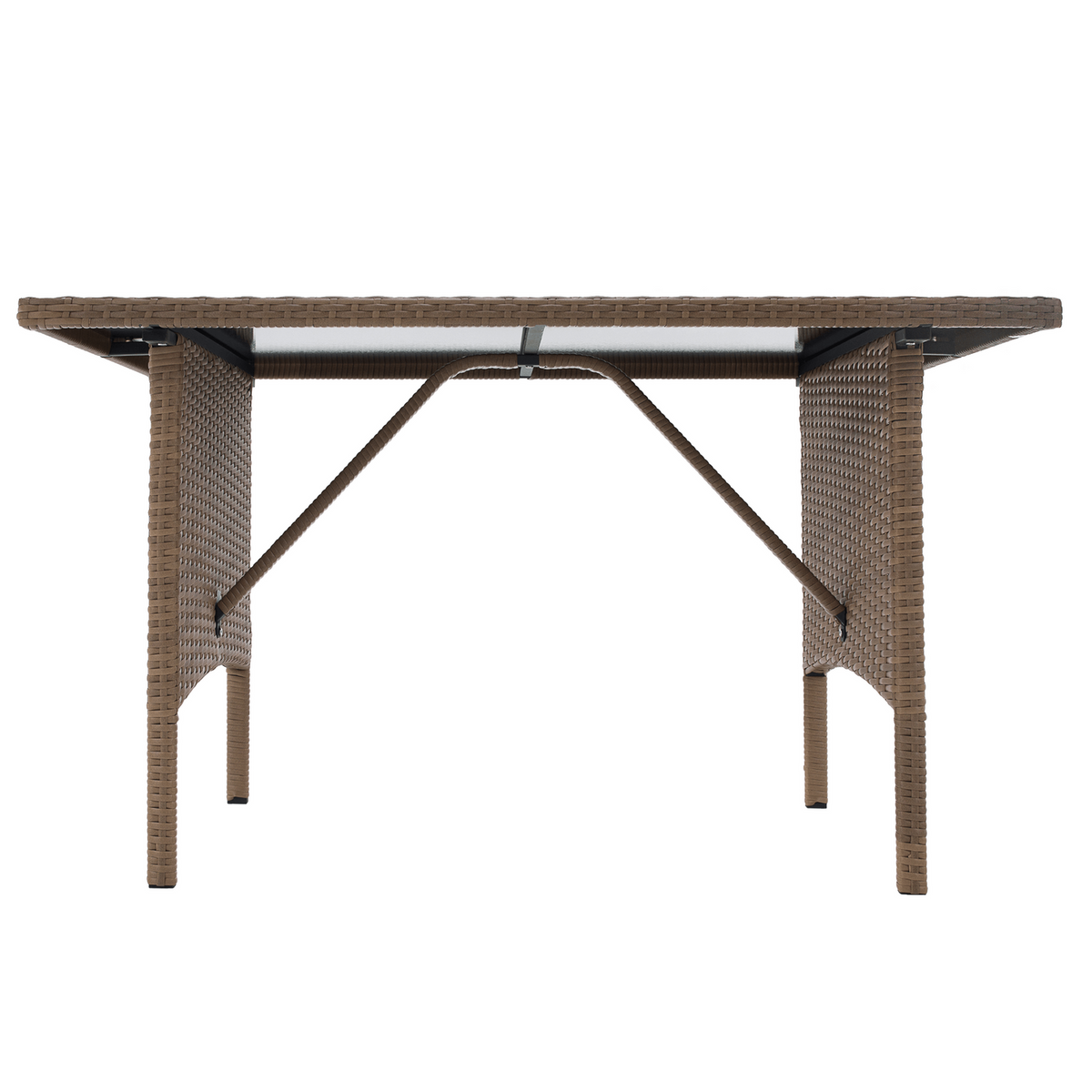 Set gradina RANDI, stejar/gri deschis/negru, ratan sintetic/sticla temperata/metal, cu masa, 2 taburete si canapea