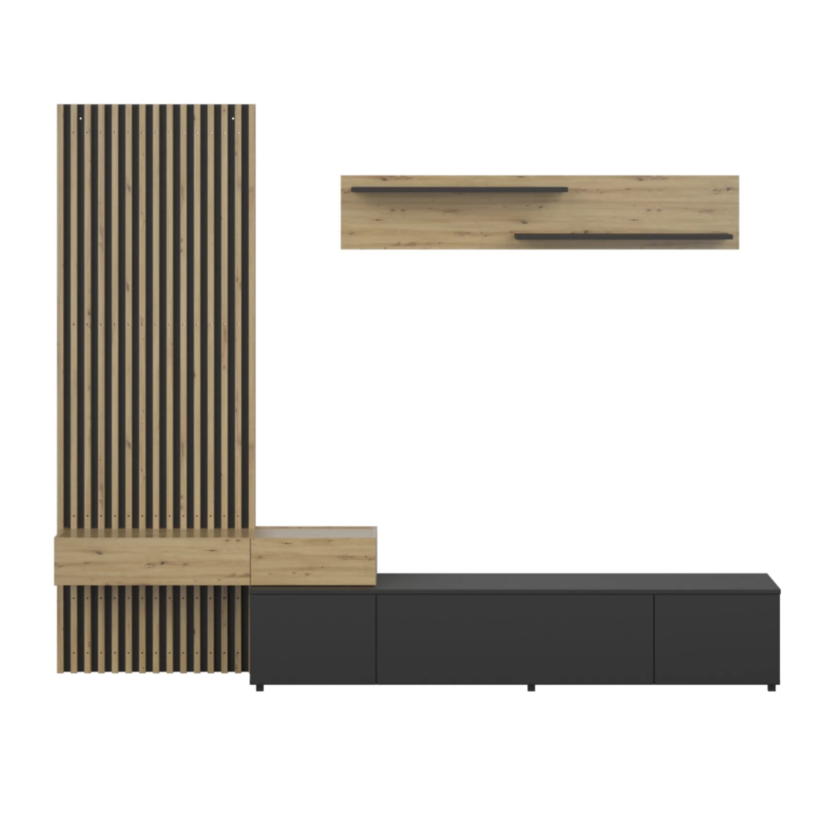 Mobilier living REBEKA, stejar artisan/negru, PAL melaminat, 4 piese, 250x42x200 cm