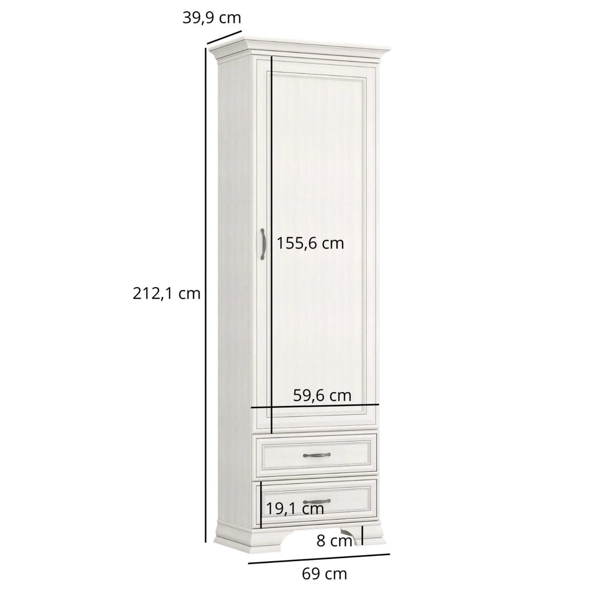 Dulap TIFFANY, crem, PAL laminat, cu o usa si 2 sertare, 69x40x212 cm